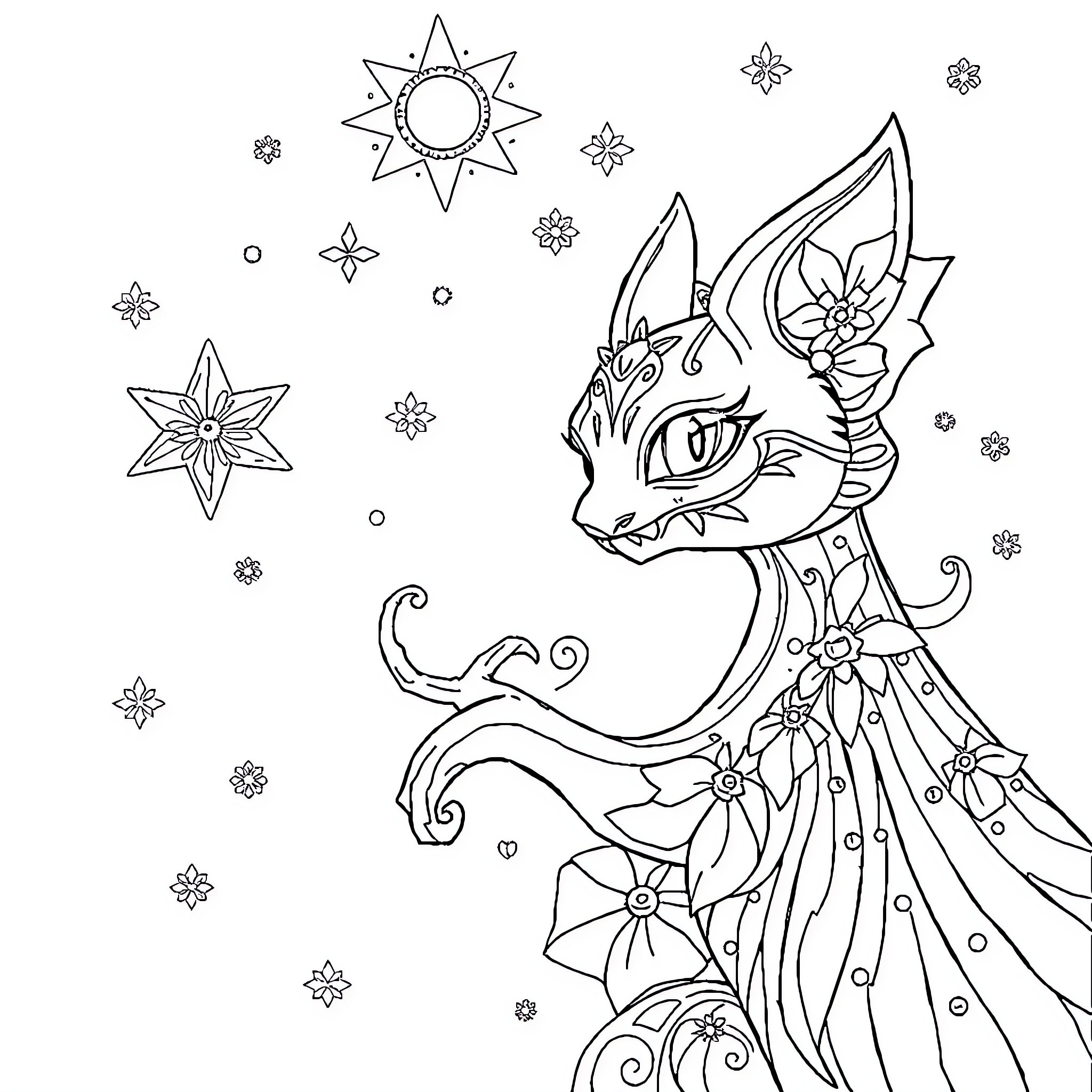 Magical Feline Fantasia with Celestial Adornments Coloring Page (free black-and-white line drawing printable PDF for all, from beginners to advanced learners, including children, teens, adults, and seniors)