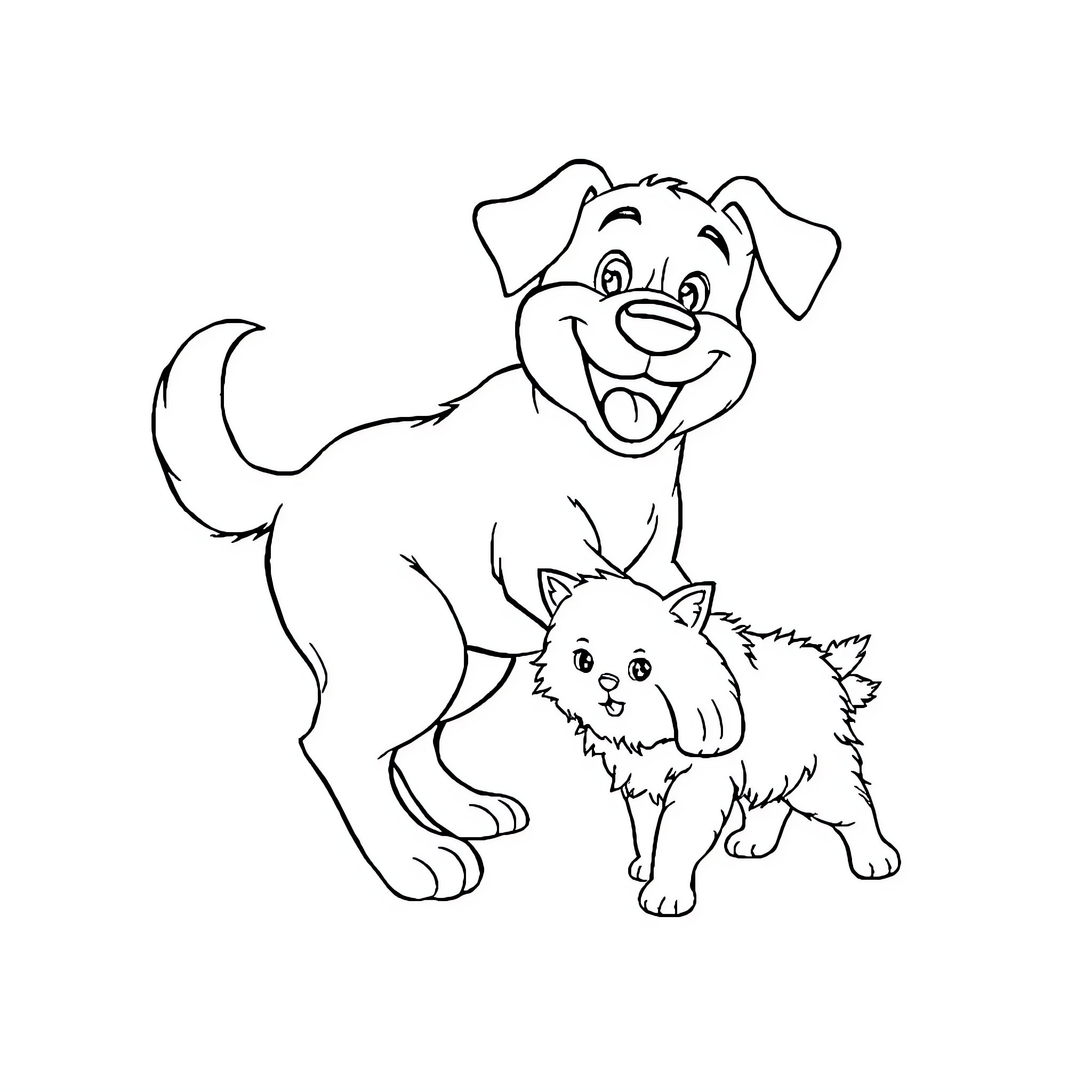 Dog playing happily with kitten Coloring Page (free black-and-white line drawing printable PDF for all, from beginners to advanced learners, including children, teens, adults, and seniors)