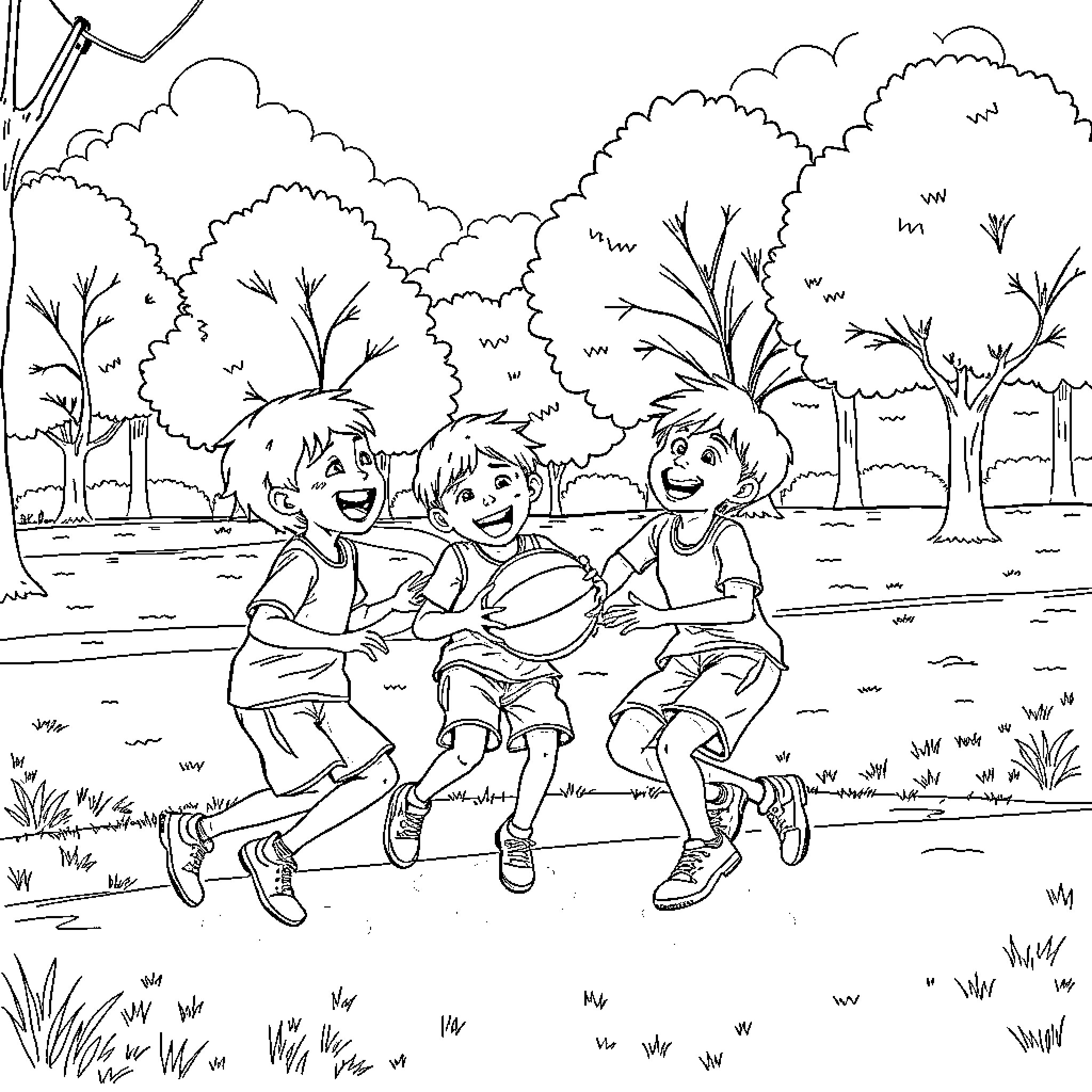 Basketball fun with friends in the park Coloring Page (free black-and-white line drawing printable PDF for all, from beginners to advanced learners, including children, teens, adults, and seniors)