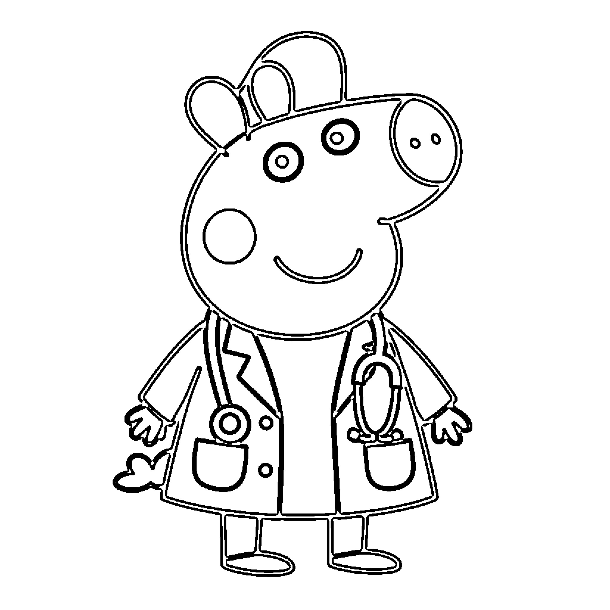 Peppa Pig dressed as a doctor wearing a stethoscope Coloring Page (free black-and-white line drawing printable PDF for all, from beginners to advanced learners, including children, teens, adults, and seniors)