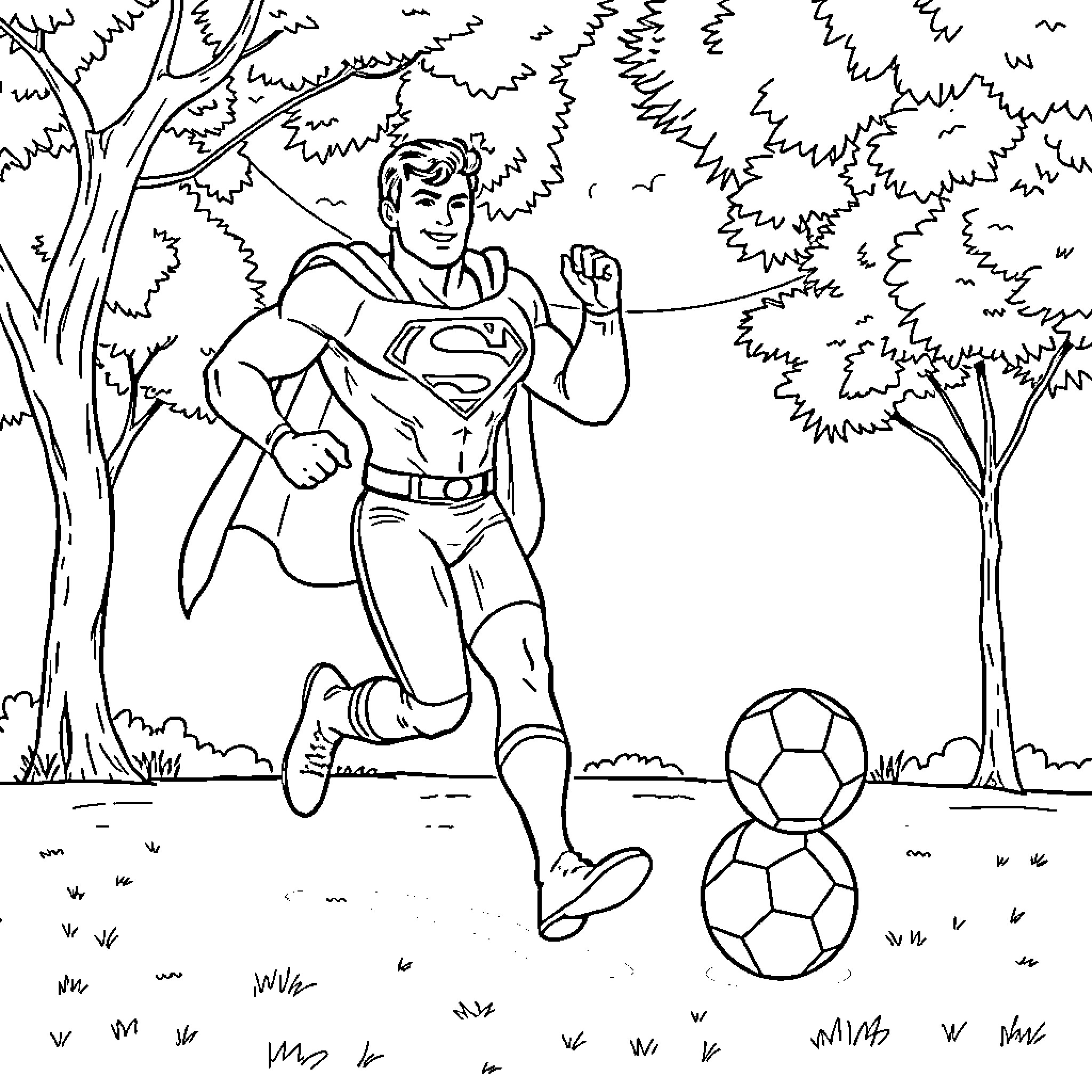 Superman playing soccer in the park Coloring Page (free black-and-white line drawing printable PDF for all, from beginners to advanced learners, including children, teens, adults, and seniors)