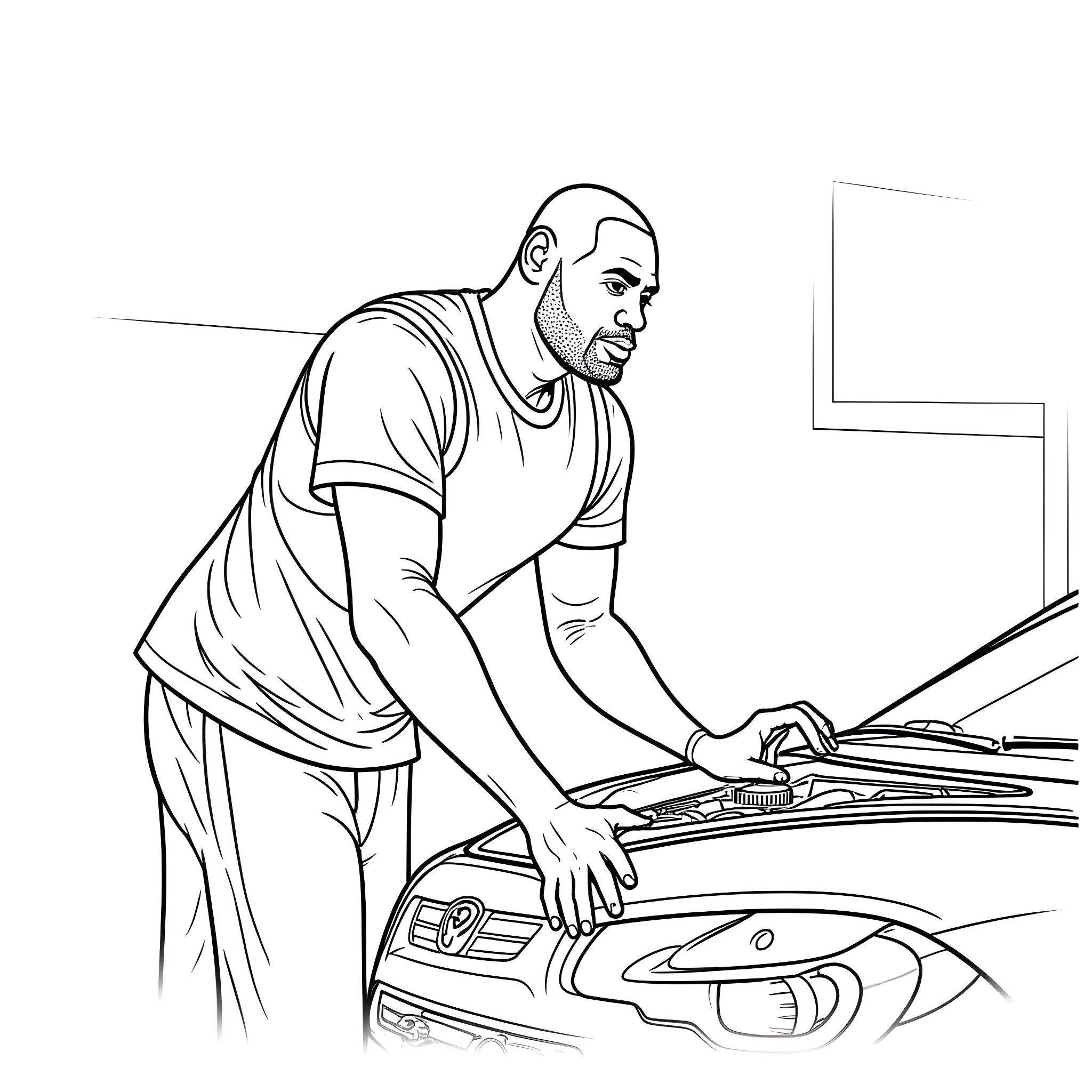 LeBron fixing a car in a garage Coloring Page (free black-and-white line drawing printable PDF for all, from beginners to advanced learners, including children, teens, adults, and seniors)