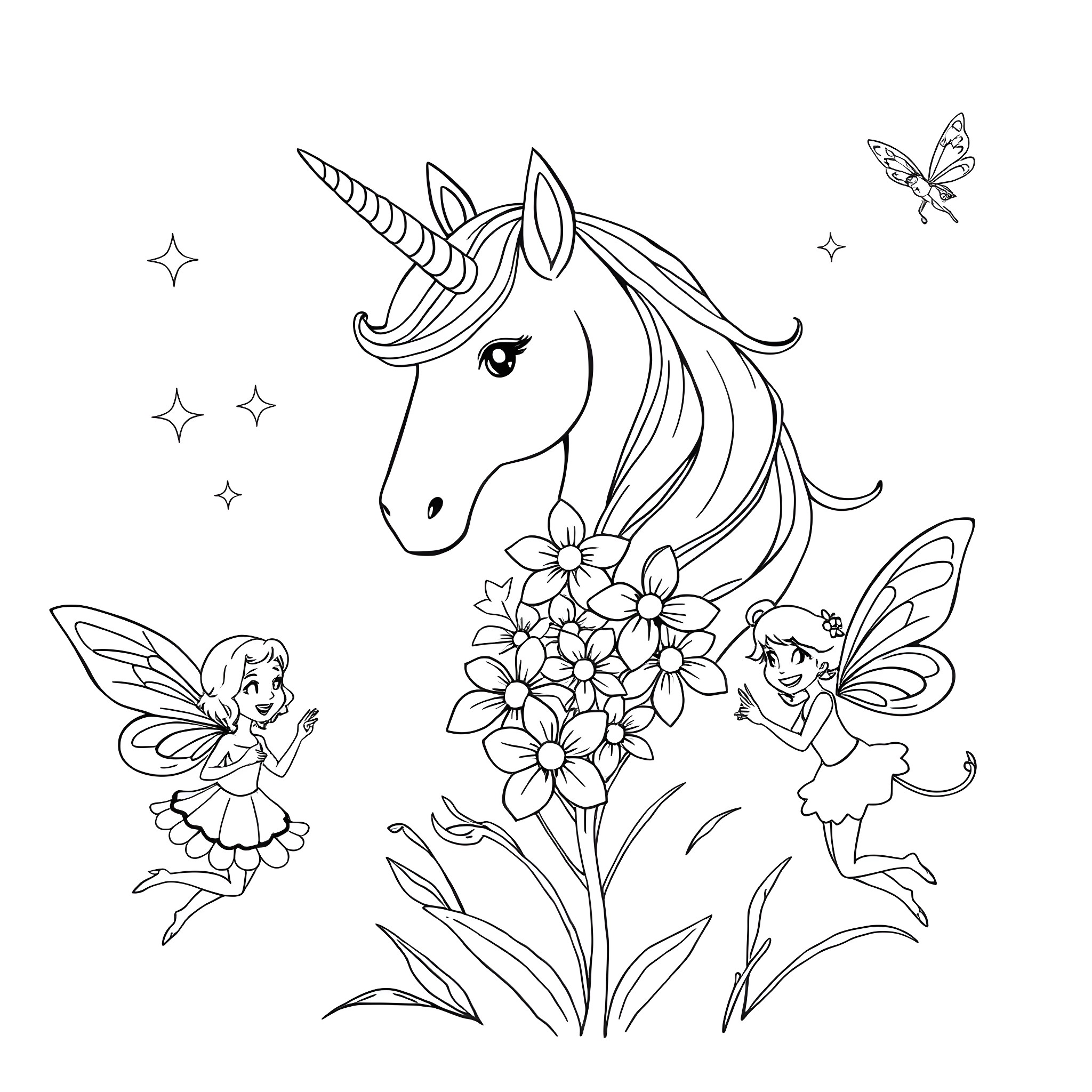 Unicorn among flowers and fairies Coloring Page (free black-and-white line drawing printable PDF for all, from beginners to advanced learners, including children, teens, adults, and seniors)