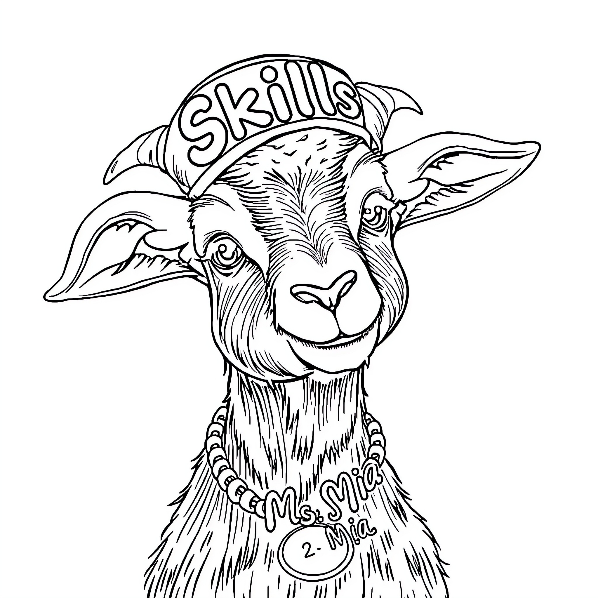 Goat wearing a stylish hat and tag Coloring Page (free black-and-white line drawing printable PDF for all, from beginners to advanced learners, including children, teens, adults, and seniors)