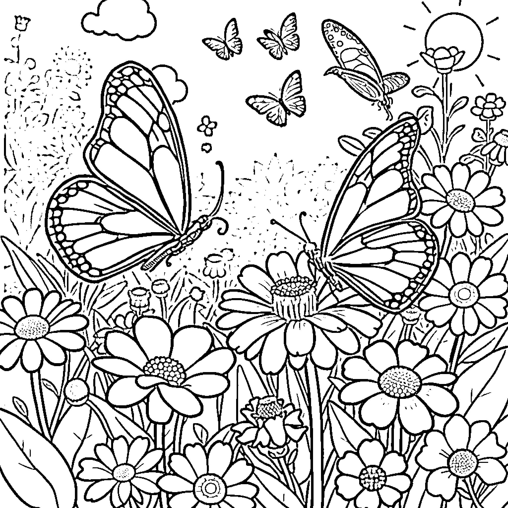 Butterfly Meadow with Flowers and Butterflies Coloring Page (free black-and-white line drawing printable PDF for all, from beginners to advanced learners, including children, teens, adults, and seniors)