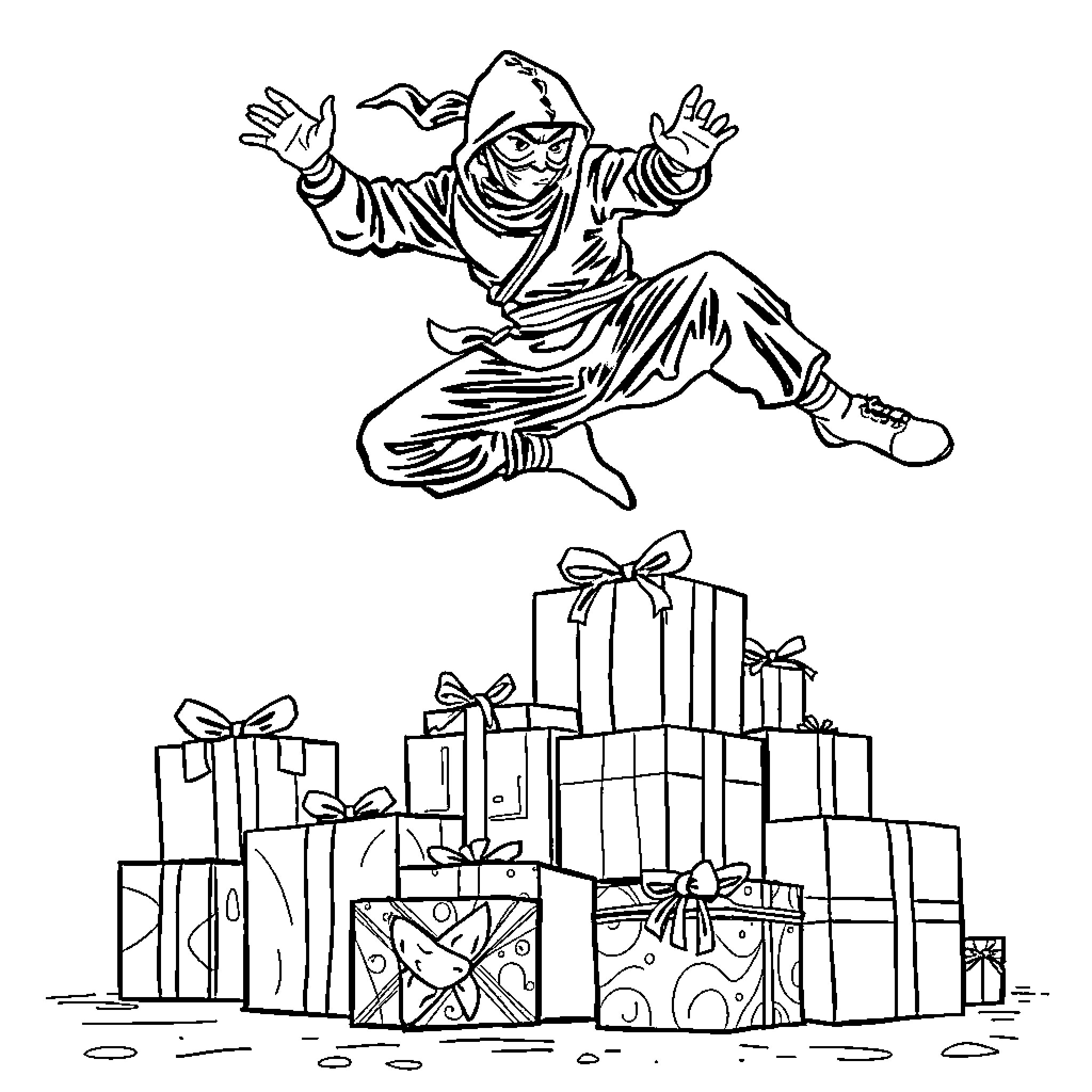 Ninja leaping with excitement over holiday gifts Coloring Page (free black-and-white line drawing printable PDF for all, from beginners to advanced learners, including children, teens, adults, and seniors)