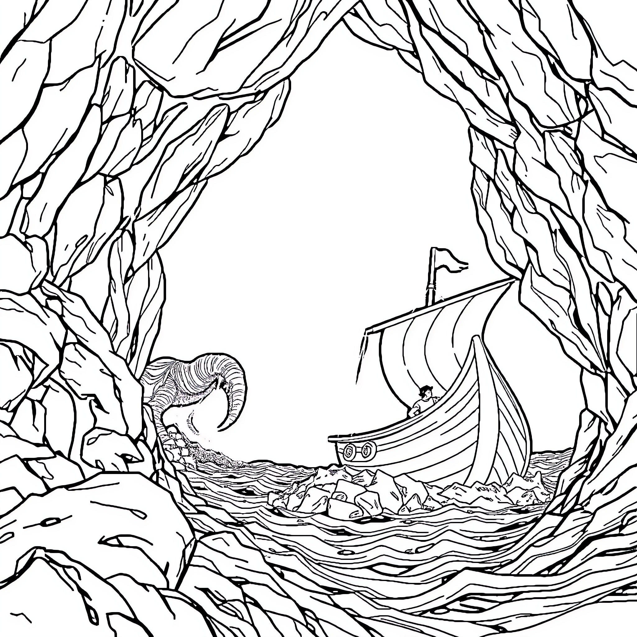 Odysseus' Voyage Through Treacherous Waves Coloring Page (free black-and-white line drawing printable PDF for all, from beginners to advanced learners, including children, teens, adults, and seniors)