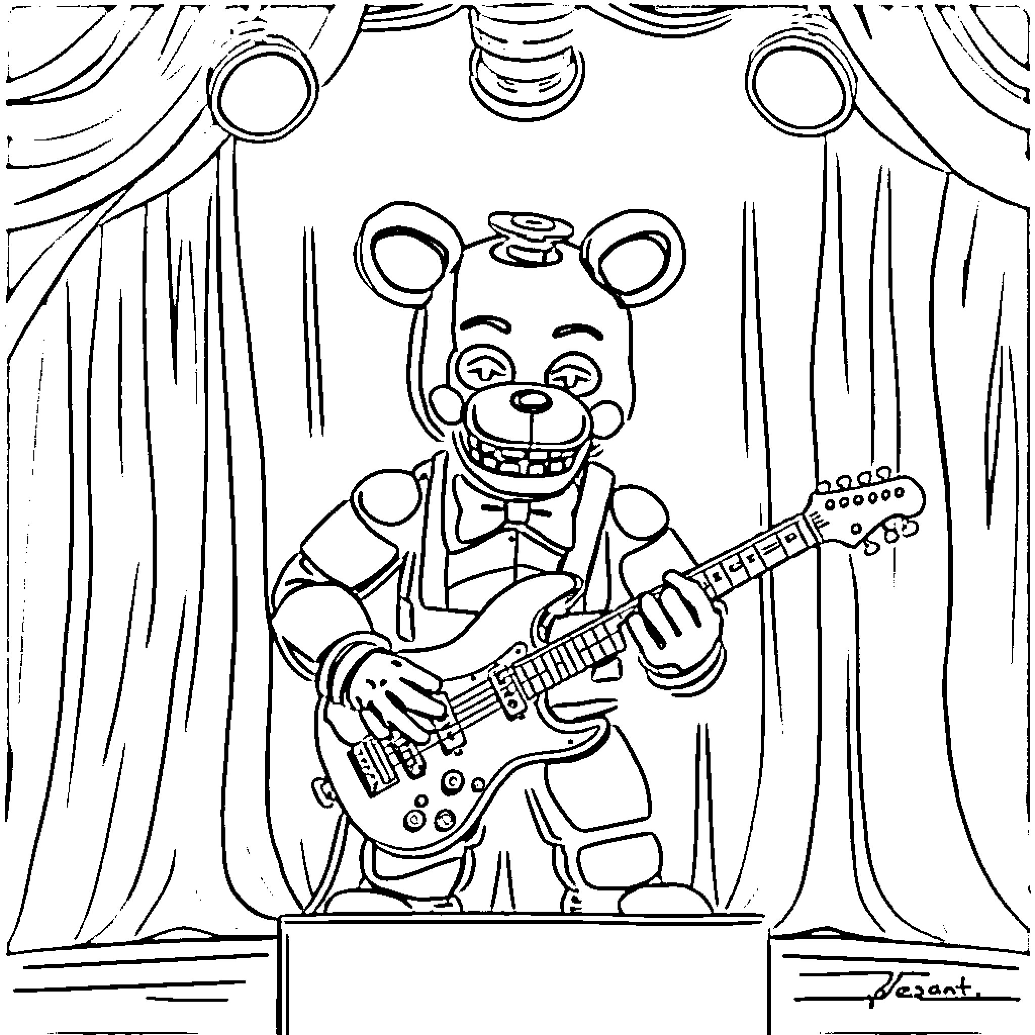 Freddy's Animated Musical Performance Coloring Page (free black-and-white line drawing printable PDF for all, from beginners to advanced learners, including children, teens, adults, and seniors)