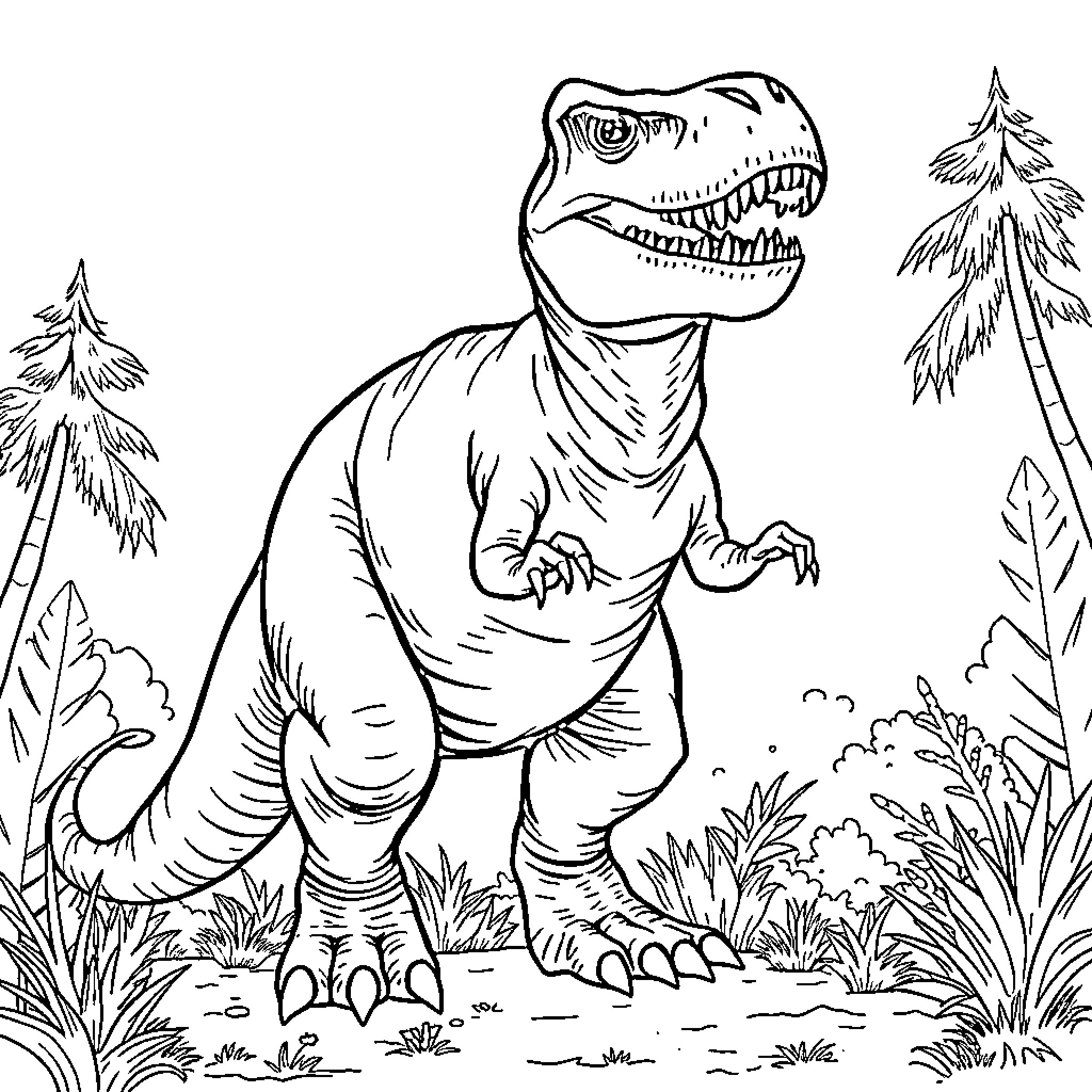 T-Rex roaring in the prehistoric forest Coloring Page (free black-and-white line drawing printable PDF for all, from beginners to advanced learners, including children, teens, adults, and seniors)