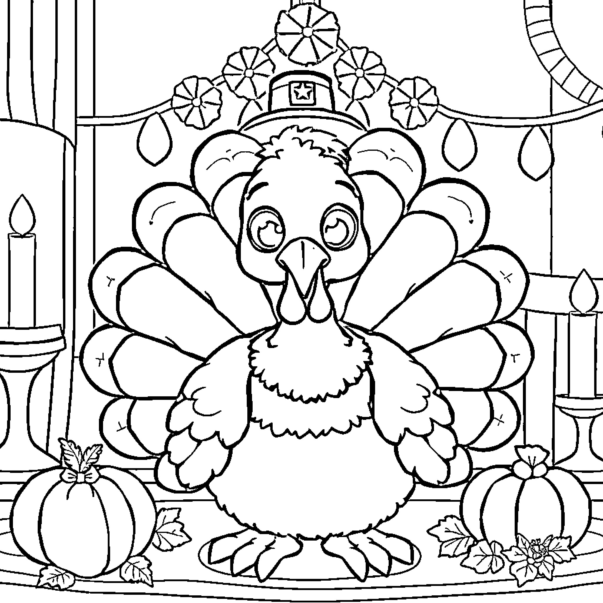 Turkey with festive decor and candles Coloring Page (free black-and-white line drawing printable PDF for all, from beginners to advanced learners, including children, teens, adults, and seniors)