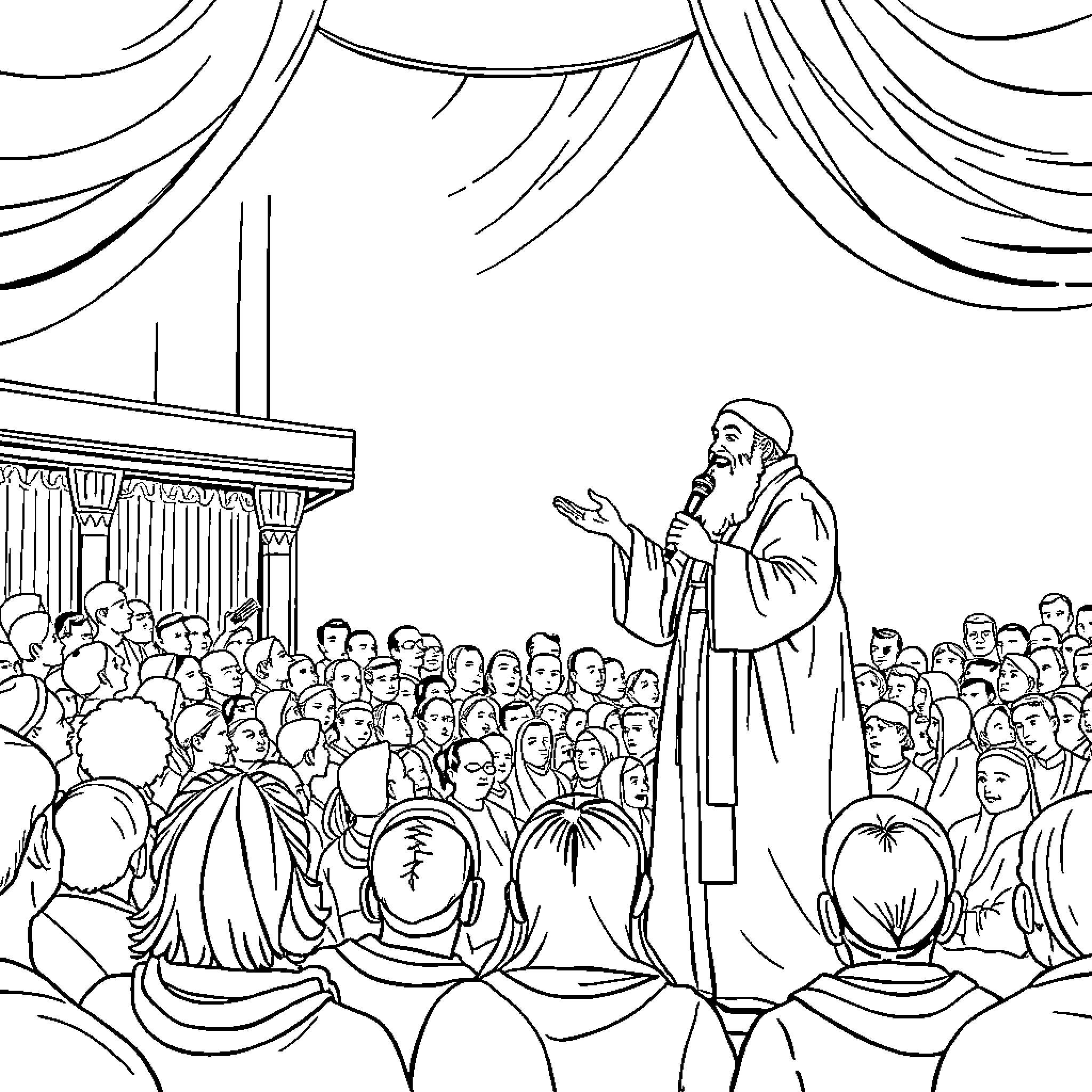 Rumi addressing a large crowd of listeners Coloring Page (free black-and-white line drawing printable PDF for all, from beginners to advanced learners, including children, teens, adults, and seniors)