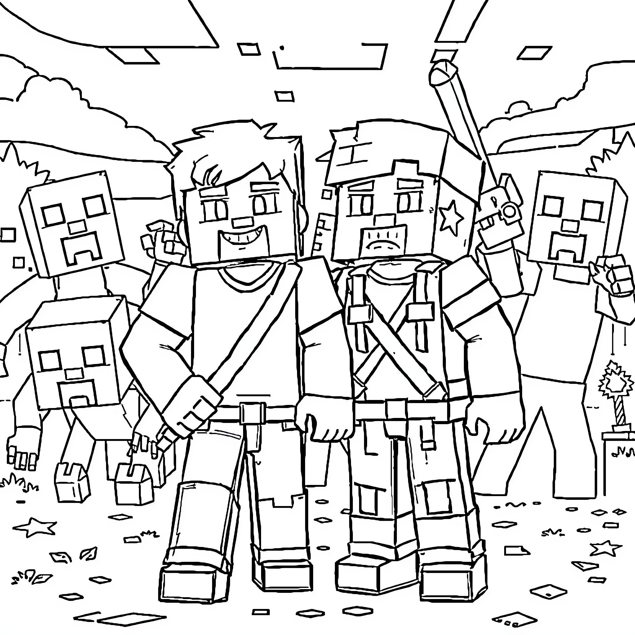 Minecraft Characters Exploring Blocky Landscape Coloring Page (free black-and-white line drawing printable PDF for all, from beginners to advanced learners, including children, teens, adults, and seniors)