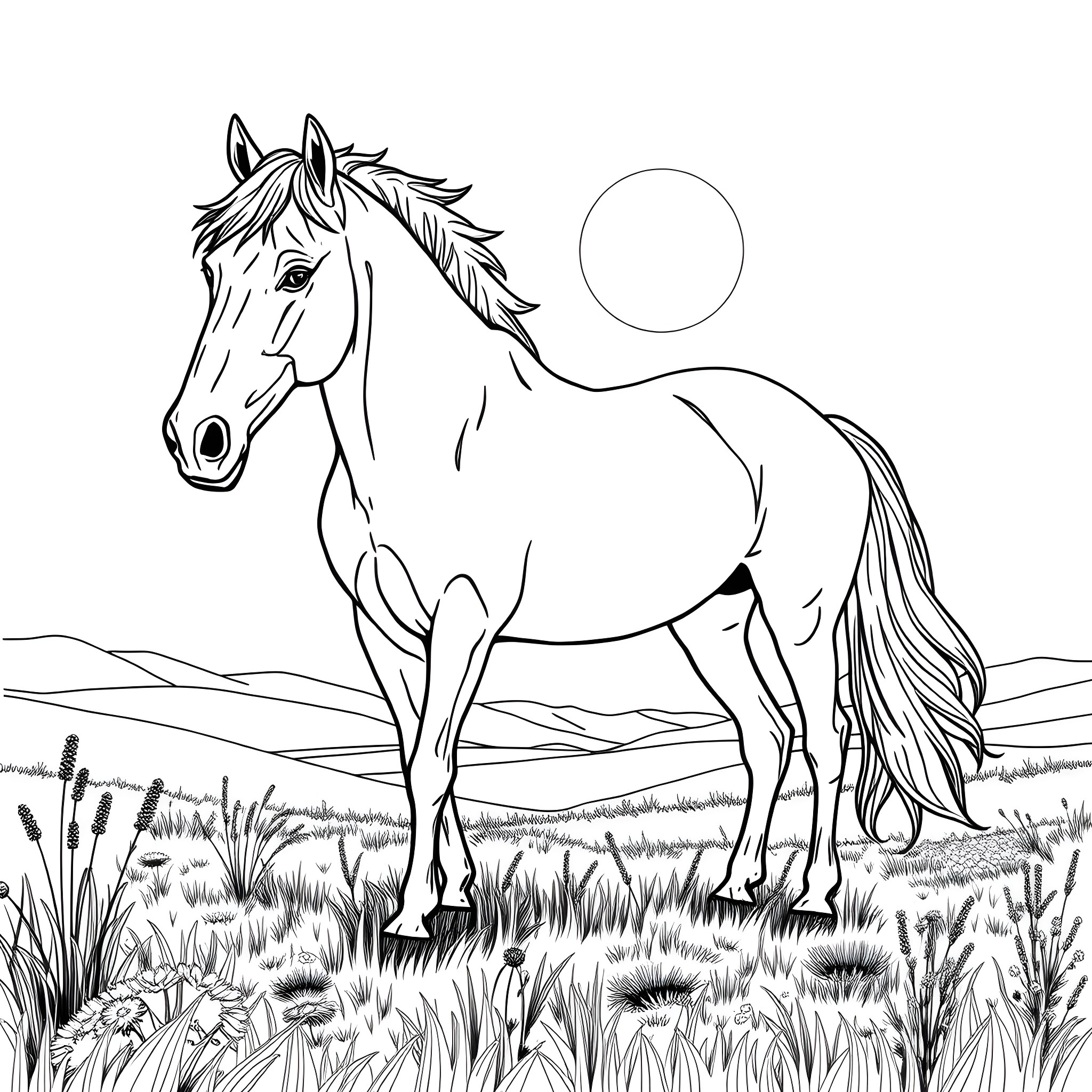 Horse standing in a grassy field with a full moon Coloring Page (free black-and-white line drawing printable PDF for all, from beginners to advanced learners, including children, teens, adults, and seniors)