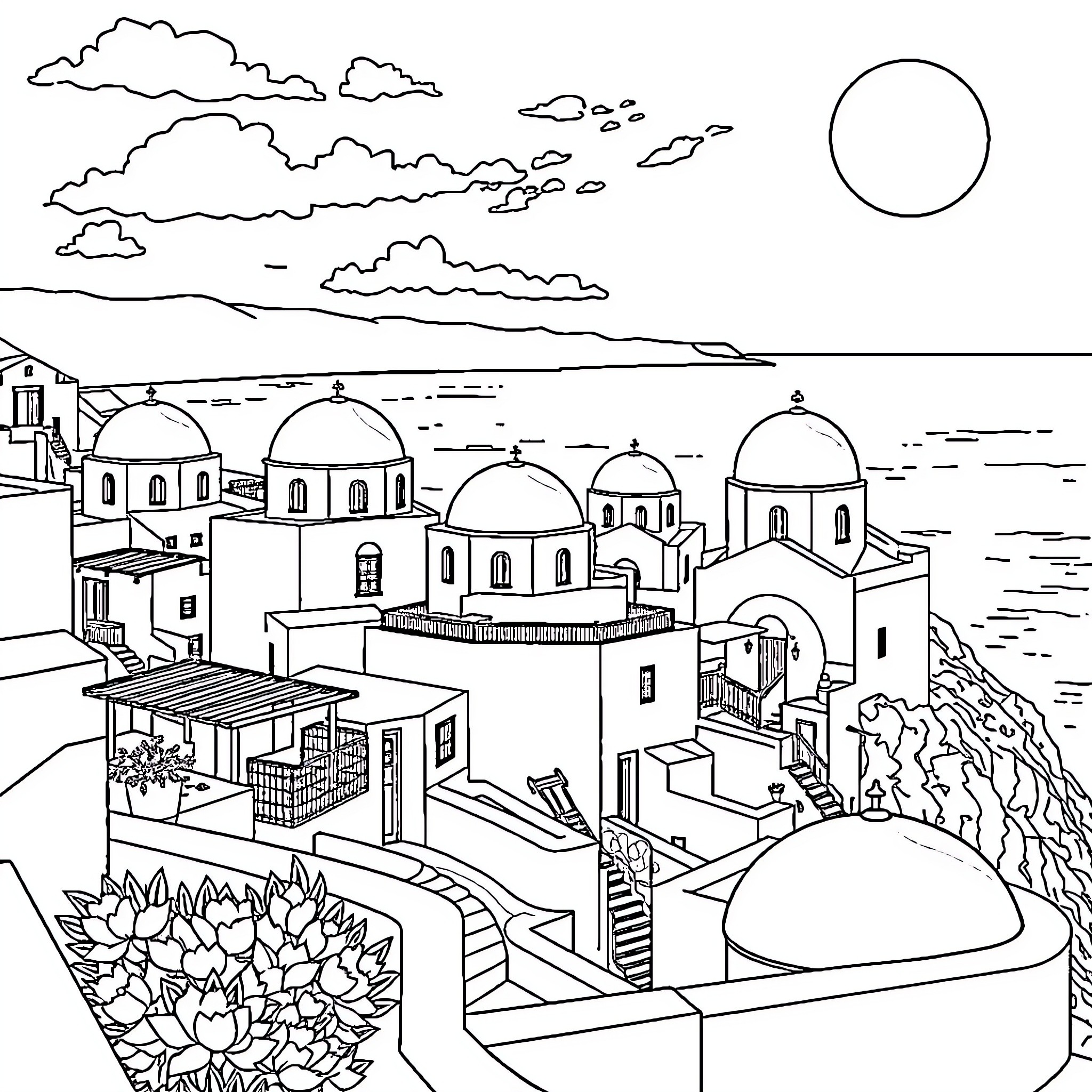 Greece scenic cityscape with iconic architecture Coloring Page (free black-and-white line drawing printable PDF for all, from beginners to advanced learners, including children, teens, adults, and seniors)