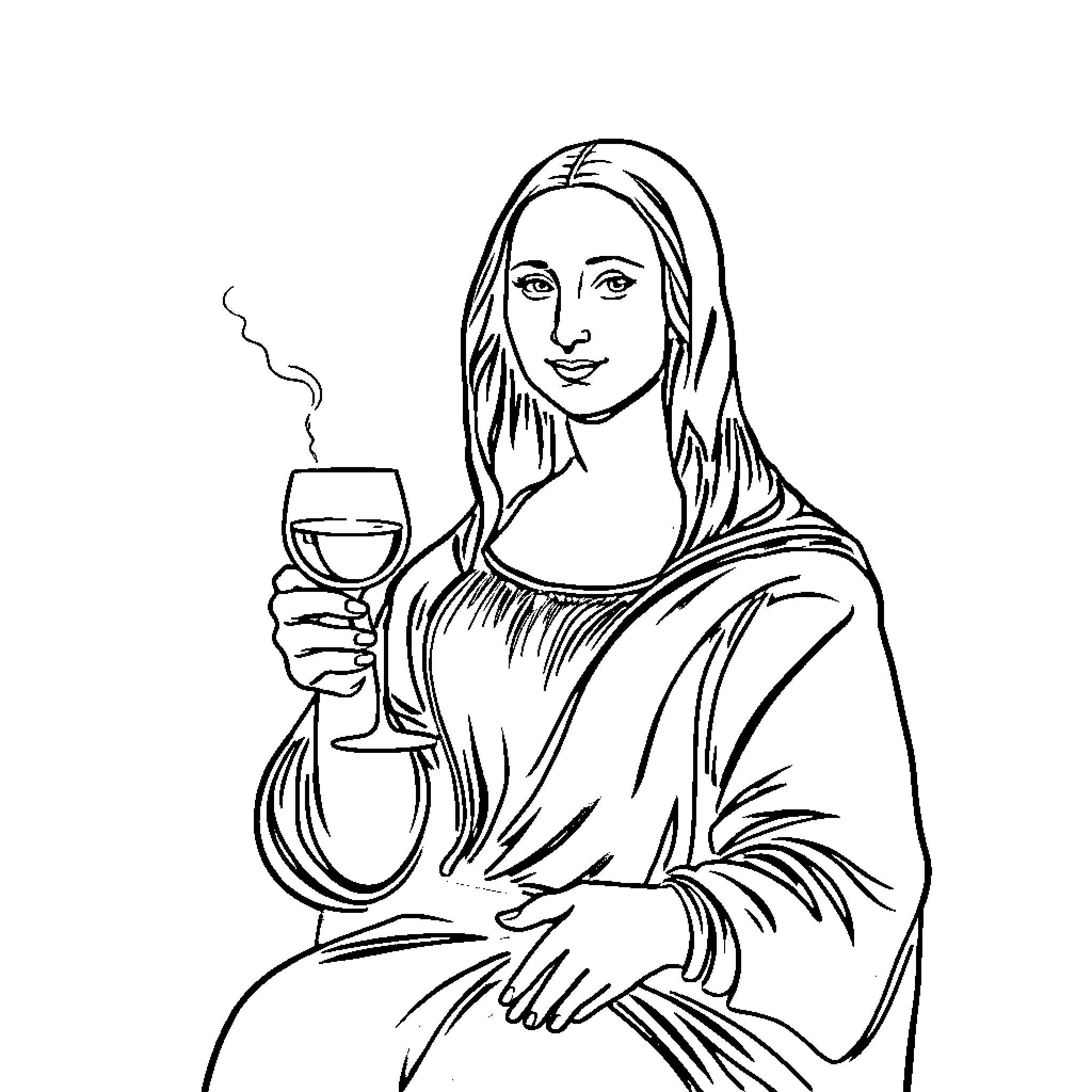 Mona Lisa enjoying a glass of wine Coloring Page (free black-and-white line drawing printable PDF for all, from beginners to advanced learners, including children, teens, adults, and seniors)