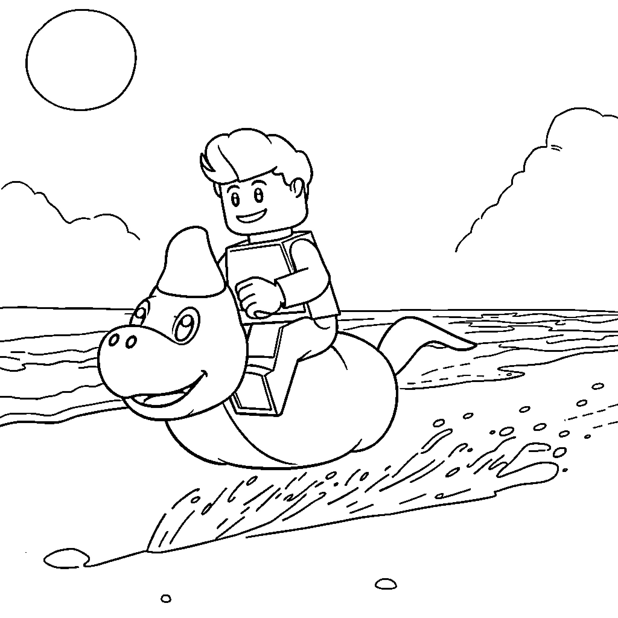 LEGO Figure riding on a sea creature in the ocean Coloring Page (free black-and-white line drawing printable PDF for all, from beginners to advanced learners, including children, teens, adults, and seniors)