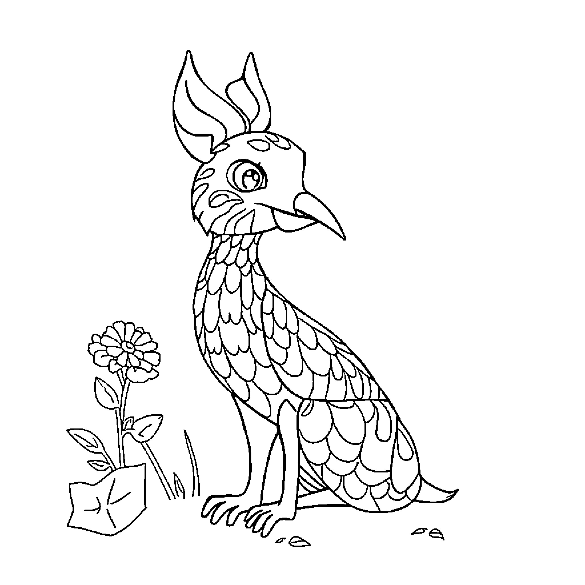 Whimsical bird with flower near its feet Coloring Page (free black-and-white line drawing printable PDF for all, from beginners to advanced learners, including children, teens, adults, and seniors)