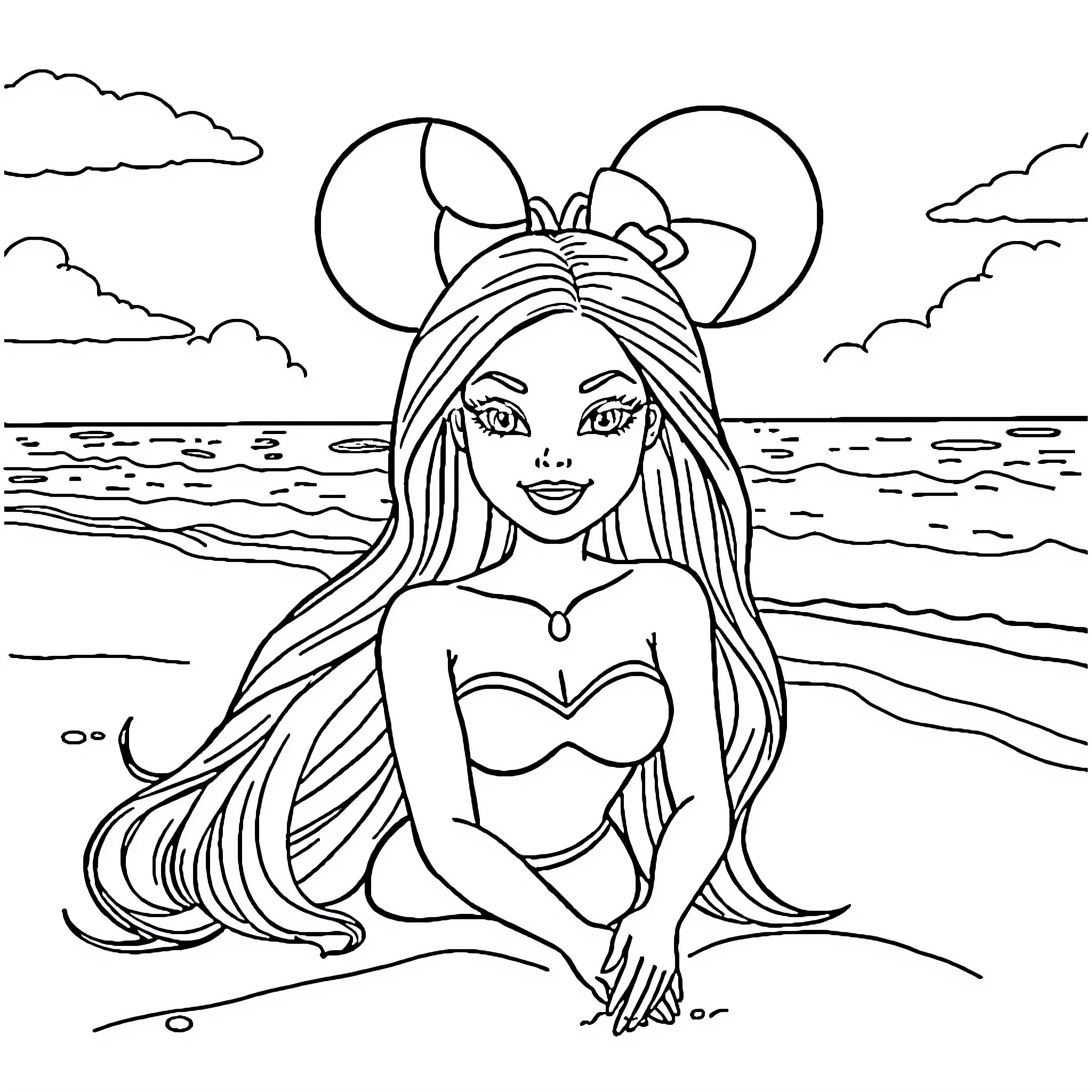 Barbie enjoying a beach day with headgear Coloring Page (free black-and-white line drawing printable PDF for all, from beginners to advanced learners, including children, teens, adults, and seniors)