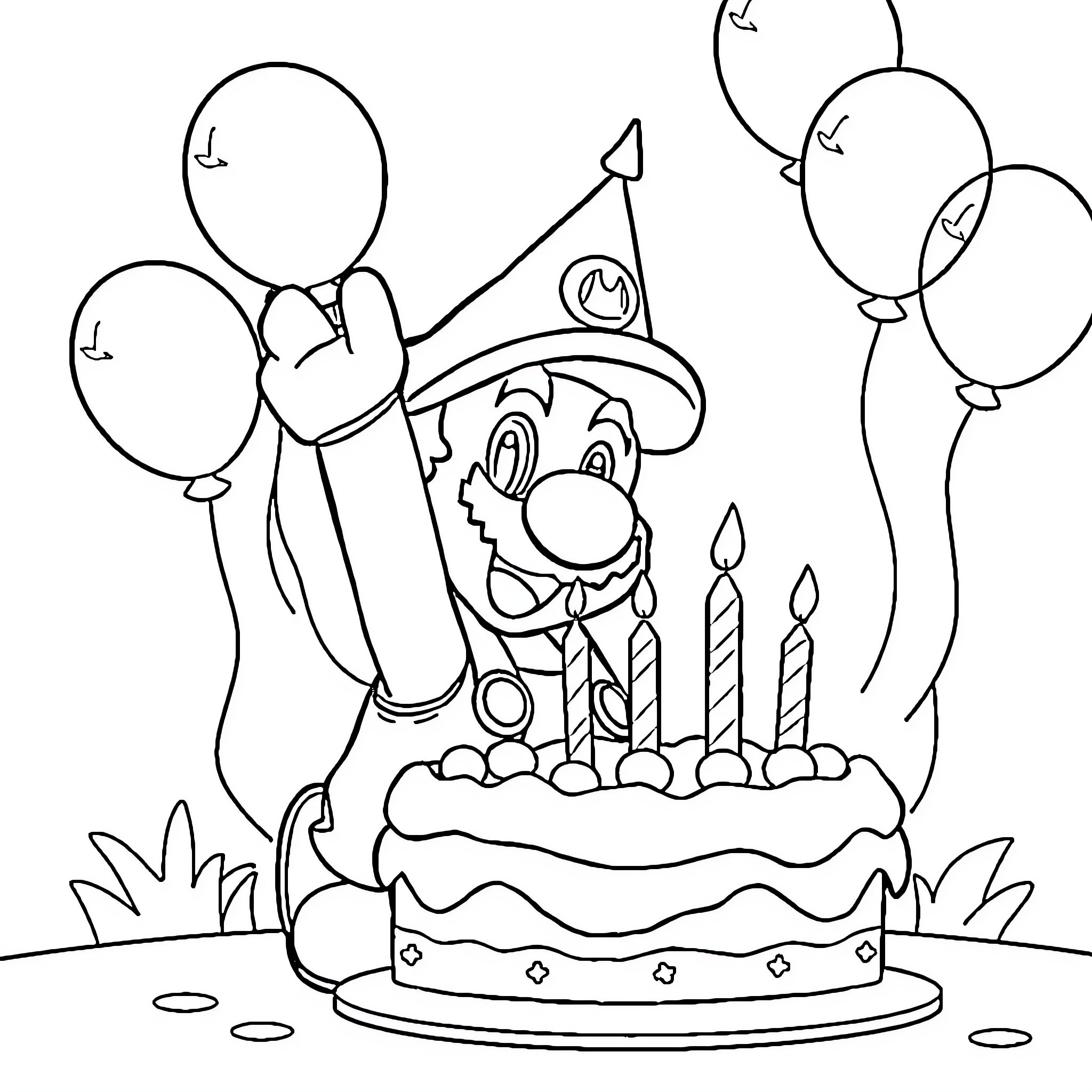 Super Mario Celebrates Birthday with Cake and Balloons Coloring Page (free black-and-white line drawing printable PDF for all, from beginners to advanced learners, including children, teens, adults, and seniors)