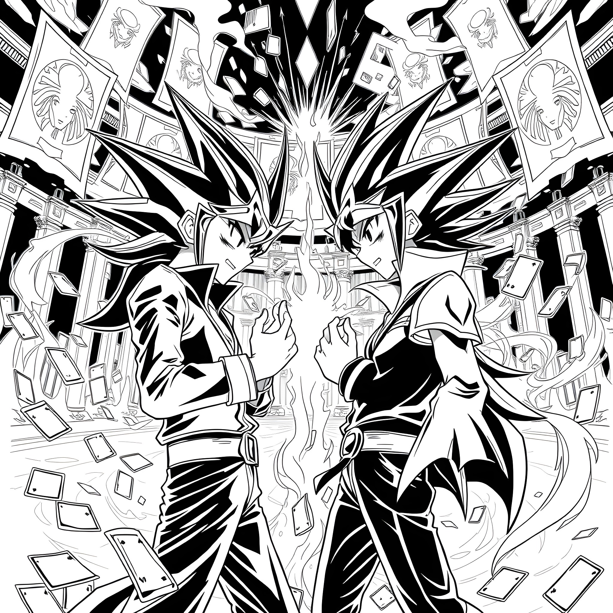 Yugi Mutou in an epic duel with powerful opponents Coloring Page (free black-and-white line drawing printable PDF for all, from beginners to advanced learners, including children, teens, adults, and seniors)