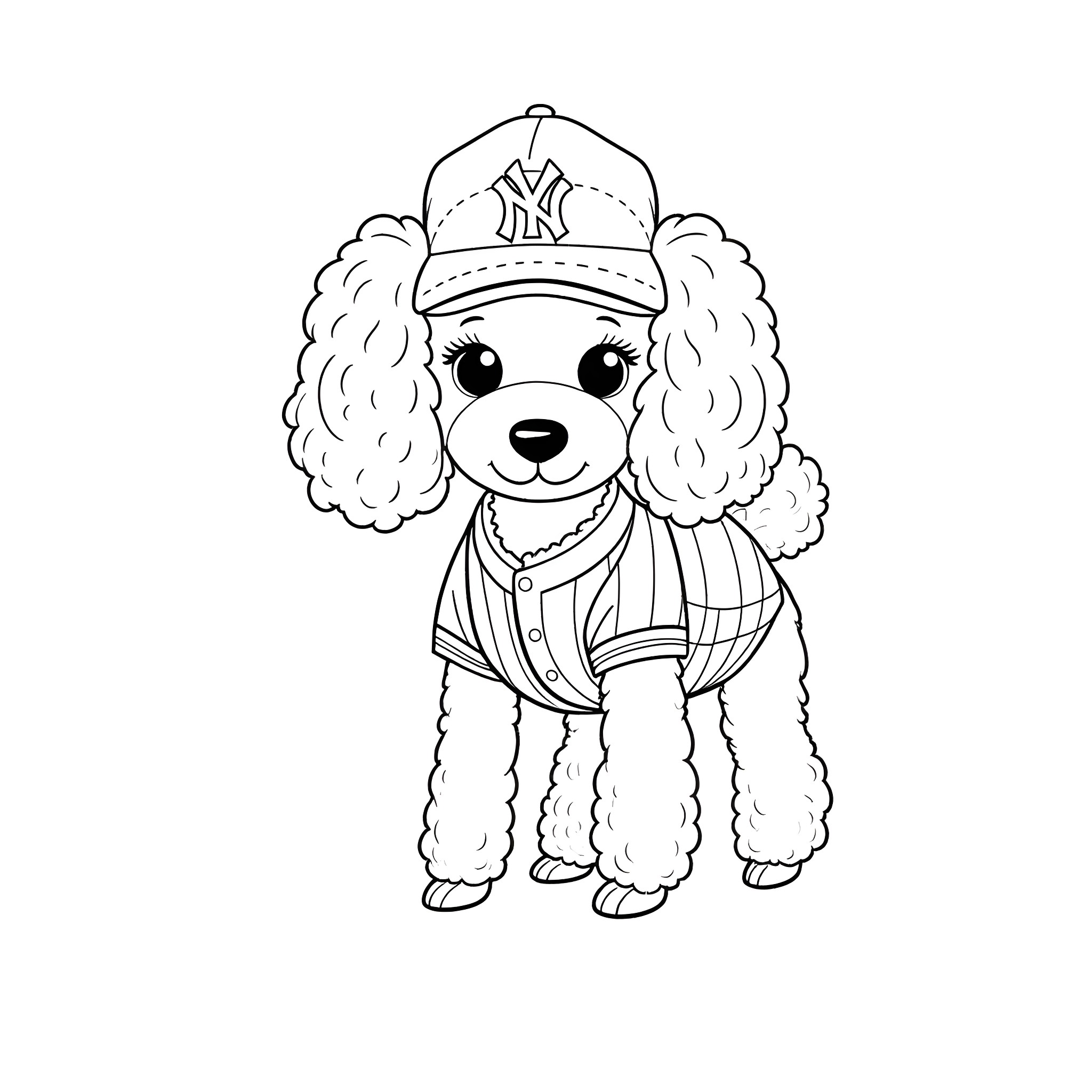 Poodle wearing a baseball cap and jersey Coloring Page (free black-and-white line drawing printable PDF for all, from beginners to advanced learners, including children, teens, adults, and seniors)