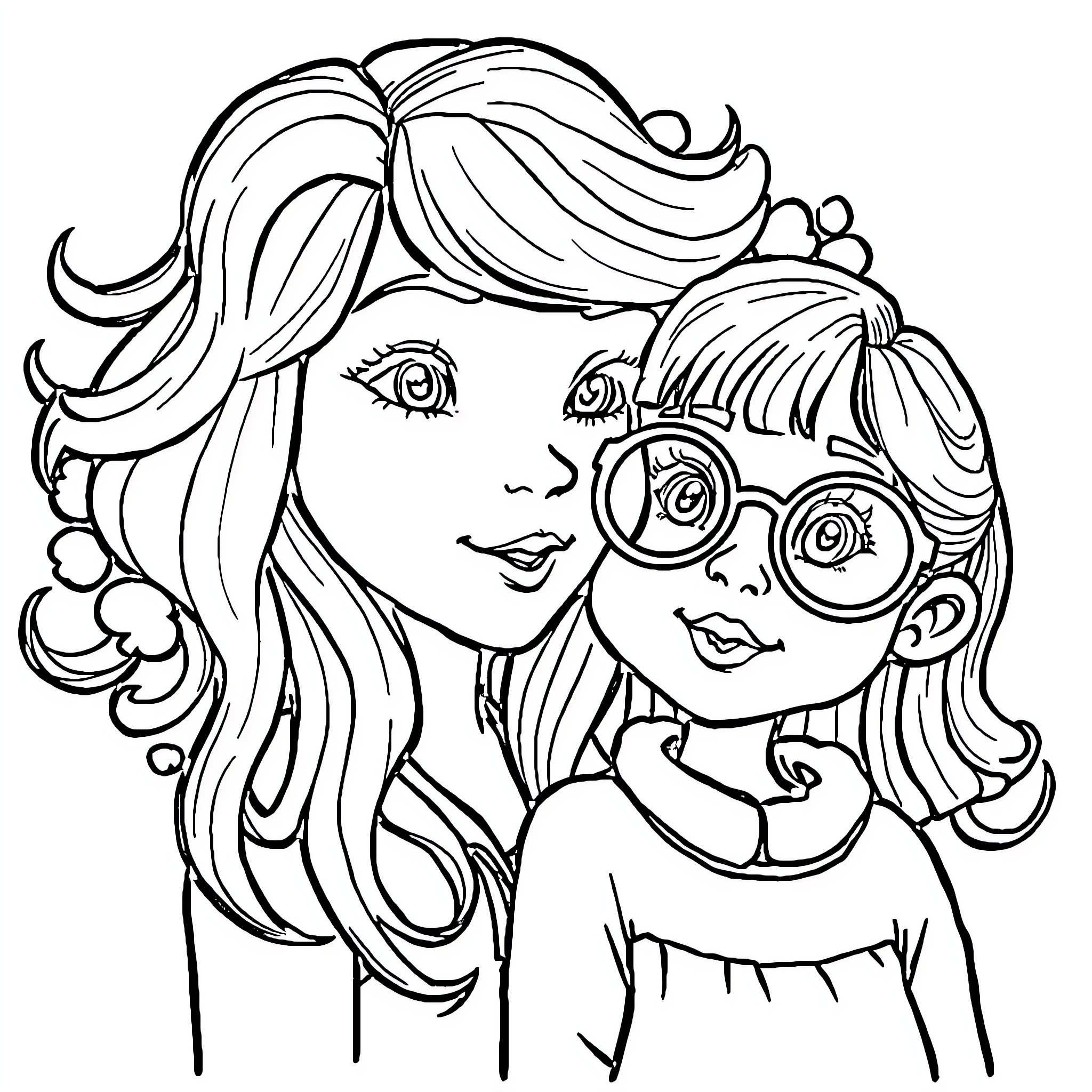 Femme friends sharing tender moment Coloring Page (free black-and-white line drawing printable PDF for all, from beginners to advanced learners, including children, teens, adults, and seniors)