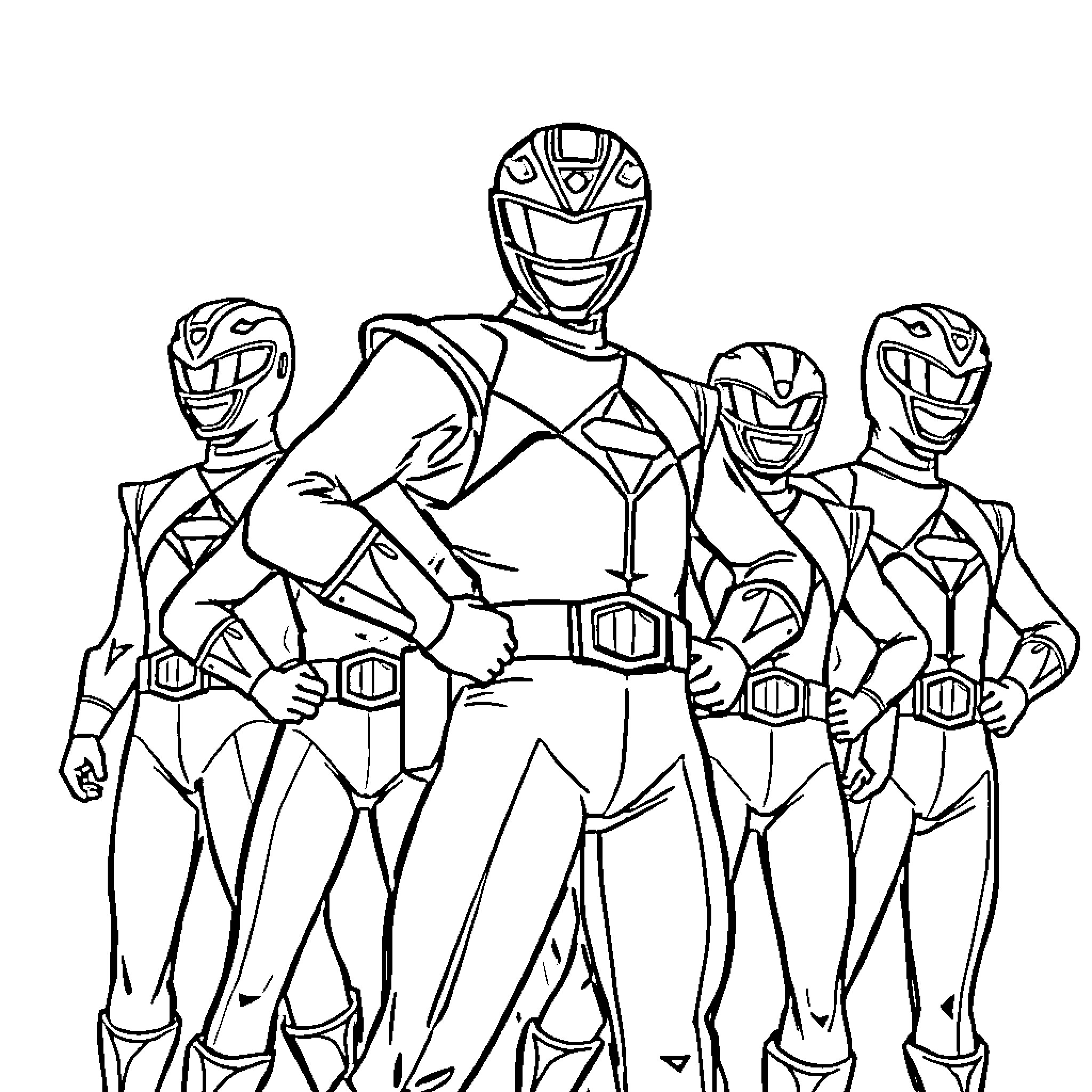 Power Rangers Team Poses in Action Coloring Page (free black-and-white line drawing printable PDF for all, from beginners to advanced learners, including children, teens, adults, and seniors)