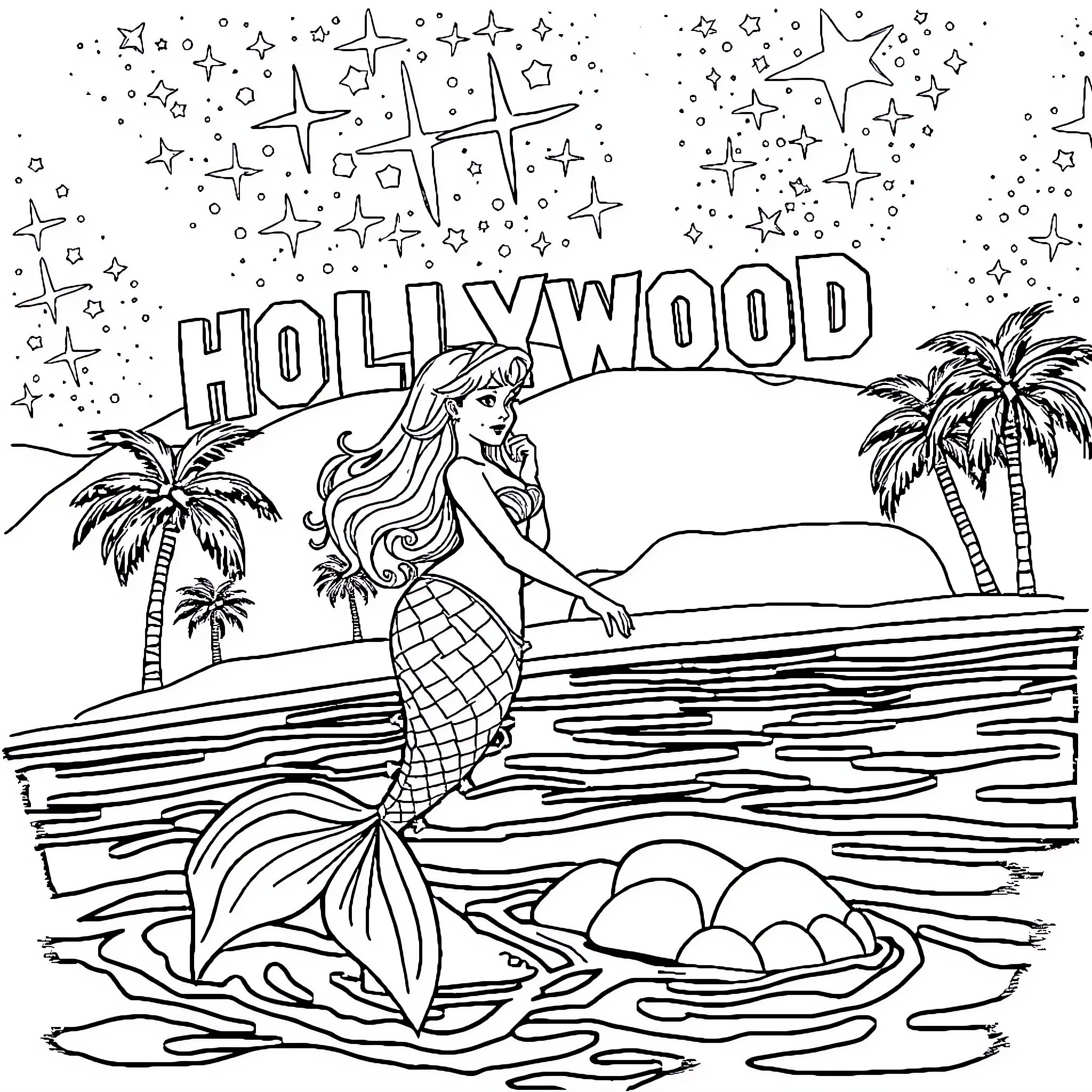 Mermaid in the Hollywood scene Coloring Page (free black-and-white line drawing printable PDF for all, from beginners to advanced learners, including children, teens, adults, and seniors)