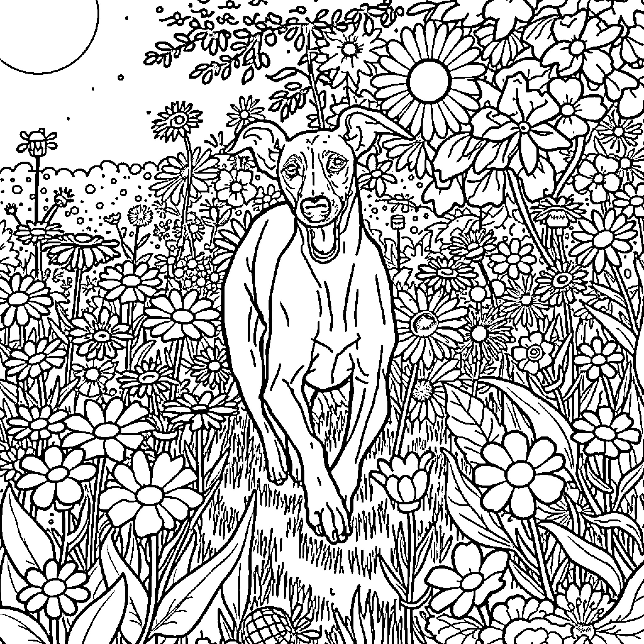 Italian Greyhound exploring a whimsical flower garden Coloring Page (free black-and-white line drawing printable PDF for all, from beginners to advanced learners, including children, teens, adults, and seniors)