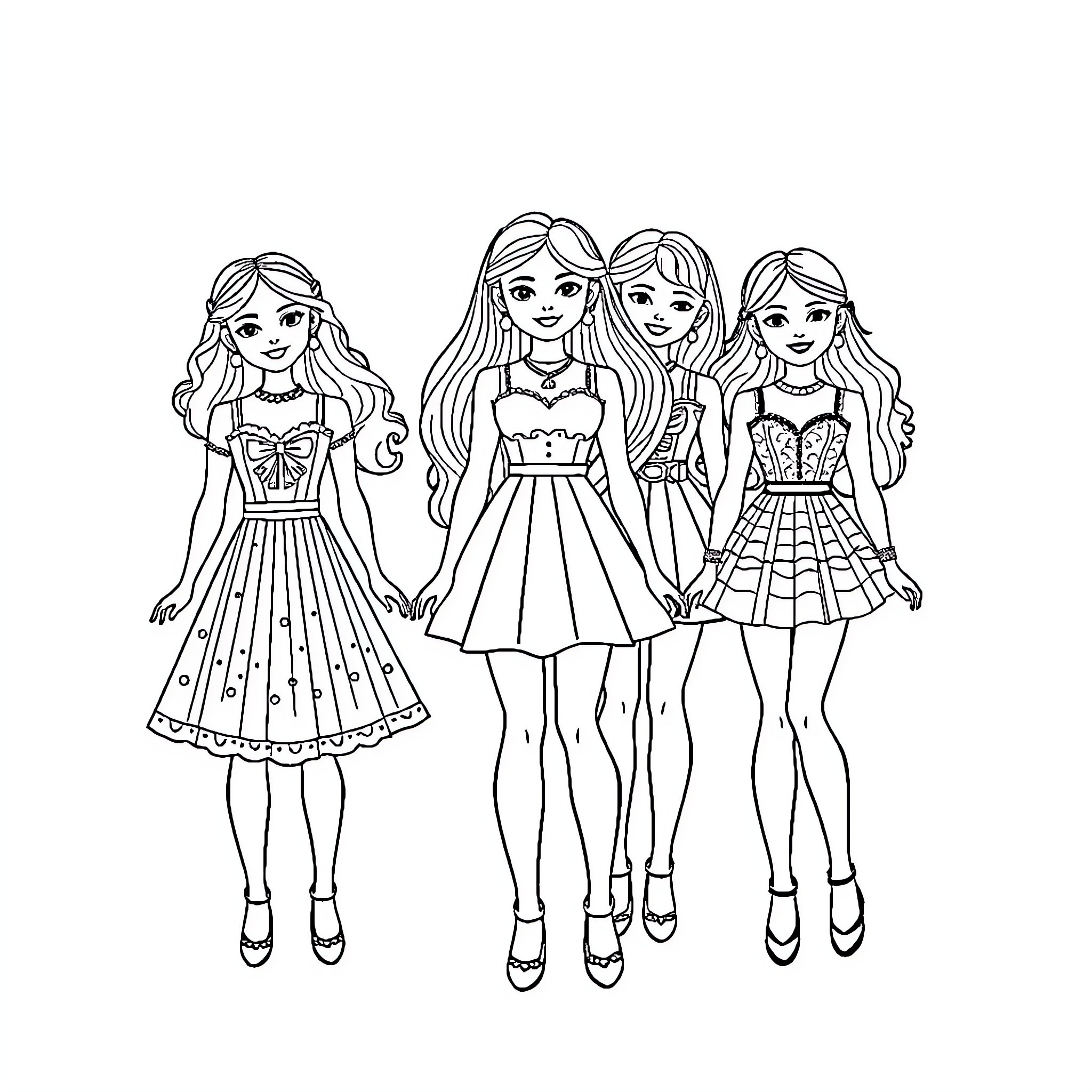 Paper Doll Fashionable Friends in Stylish Outfits Coloring Page (free black-and-white line drawing printable PDF for all, from beginners to advanced learners, including children, teens, adults, and seniors)