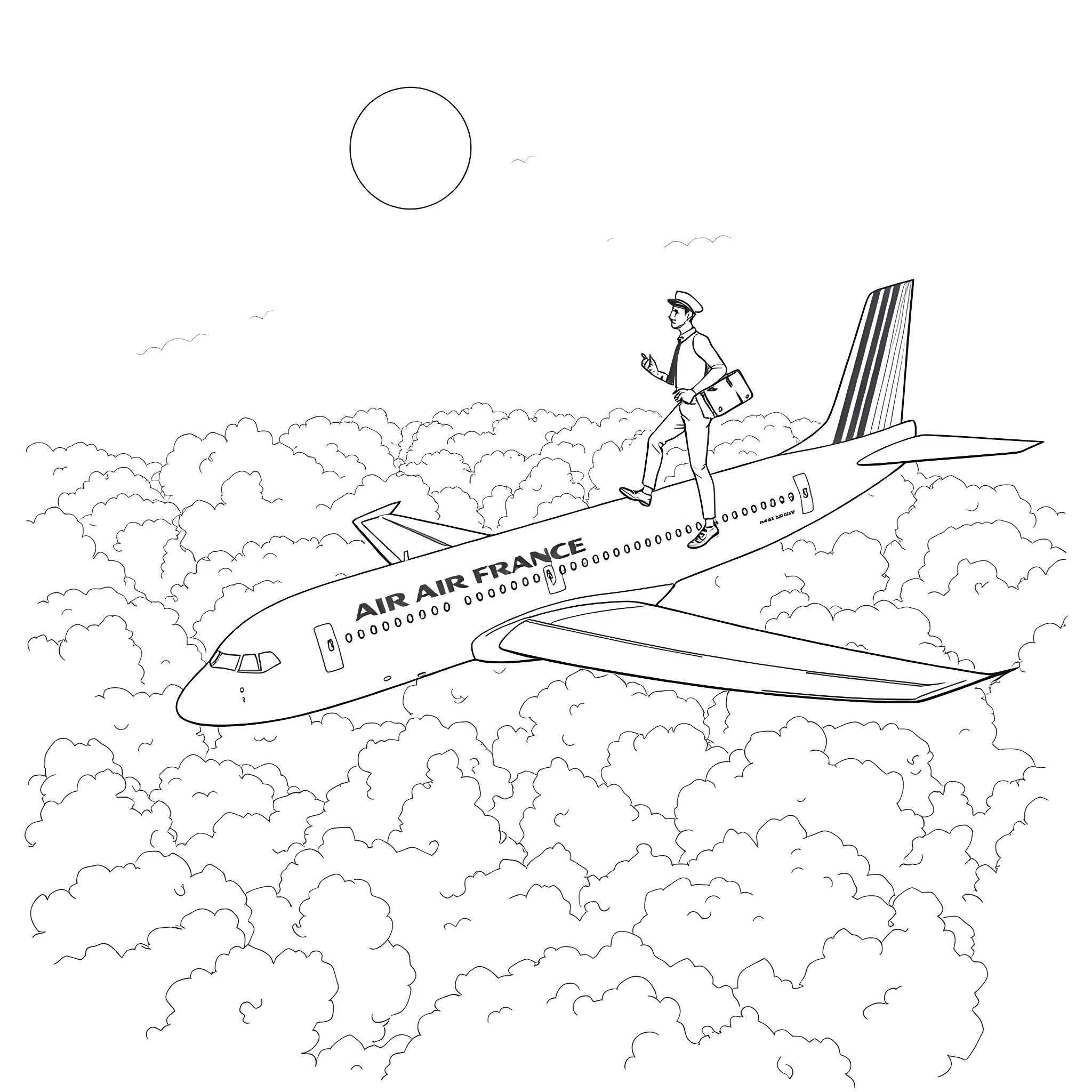 Barman boarding Air France plane in the cloudy sky Coloring Page (free black-and-white line drawing printable PDF for all, from beginners to advanced learners, including children, teens, adults, and seniors)