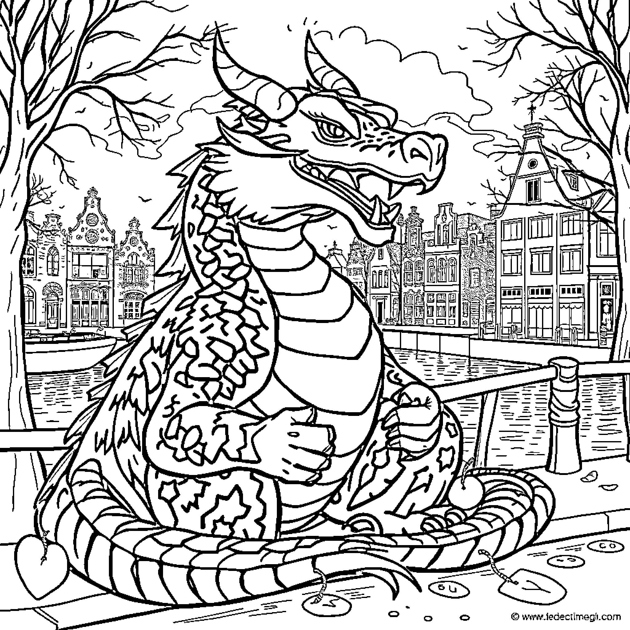 Dragon Guarding a Cityscape in Enchanting Landscape Coloring Page (free black-and-white line drawing printable PDF for all, from beginners to advanced learners, including children, teens, adults, and seniors)