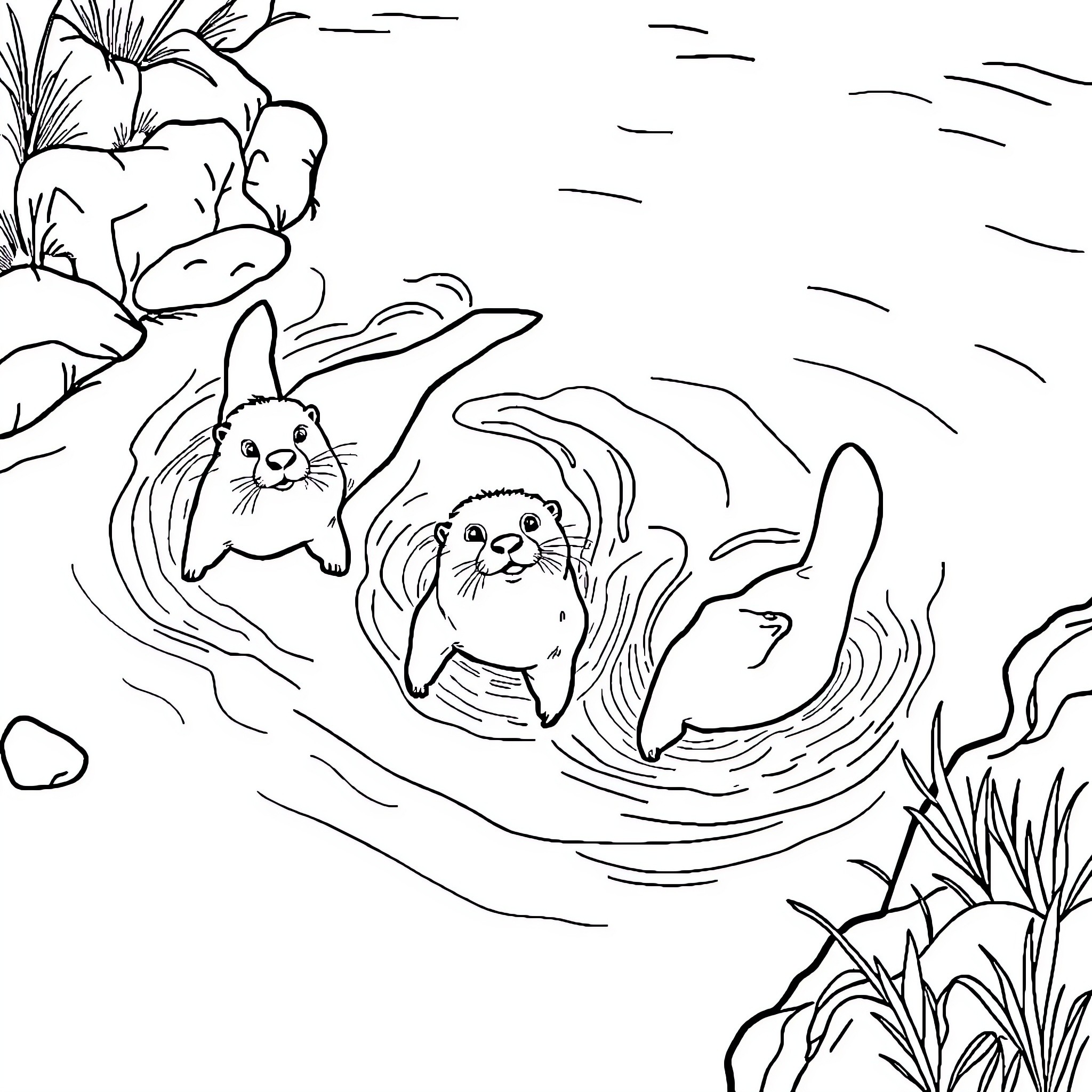 Otters swimming playfully in the river Coloring Page (free black-and-white line drawing printable PDF for all, from beginners to advanced learners, including children, teens, adults, and seniors)