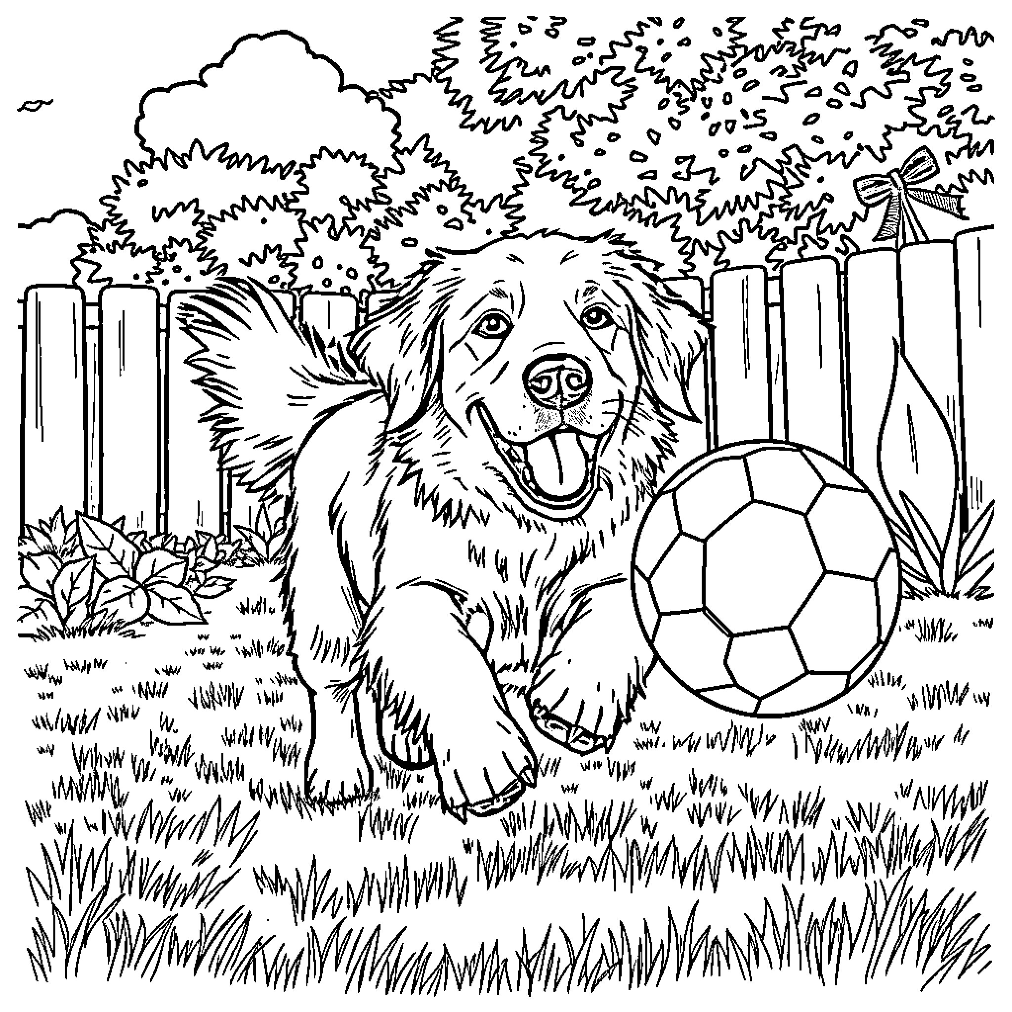 Golden Retriever playing with a soccer ball in the yard Coloring Page (free black-and-white line drawing printable PDF for all, from beginners to advanced learners, including children, teens, adults, and seniors)