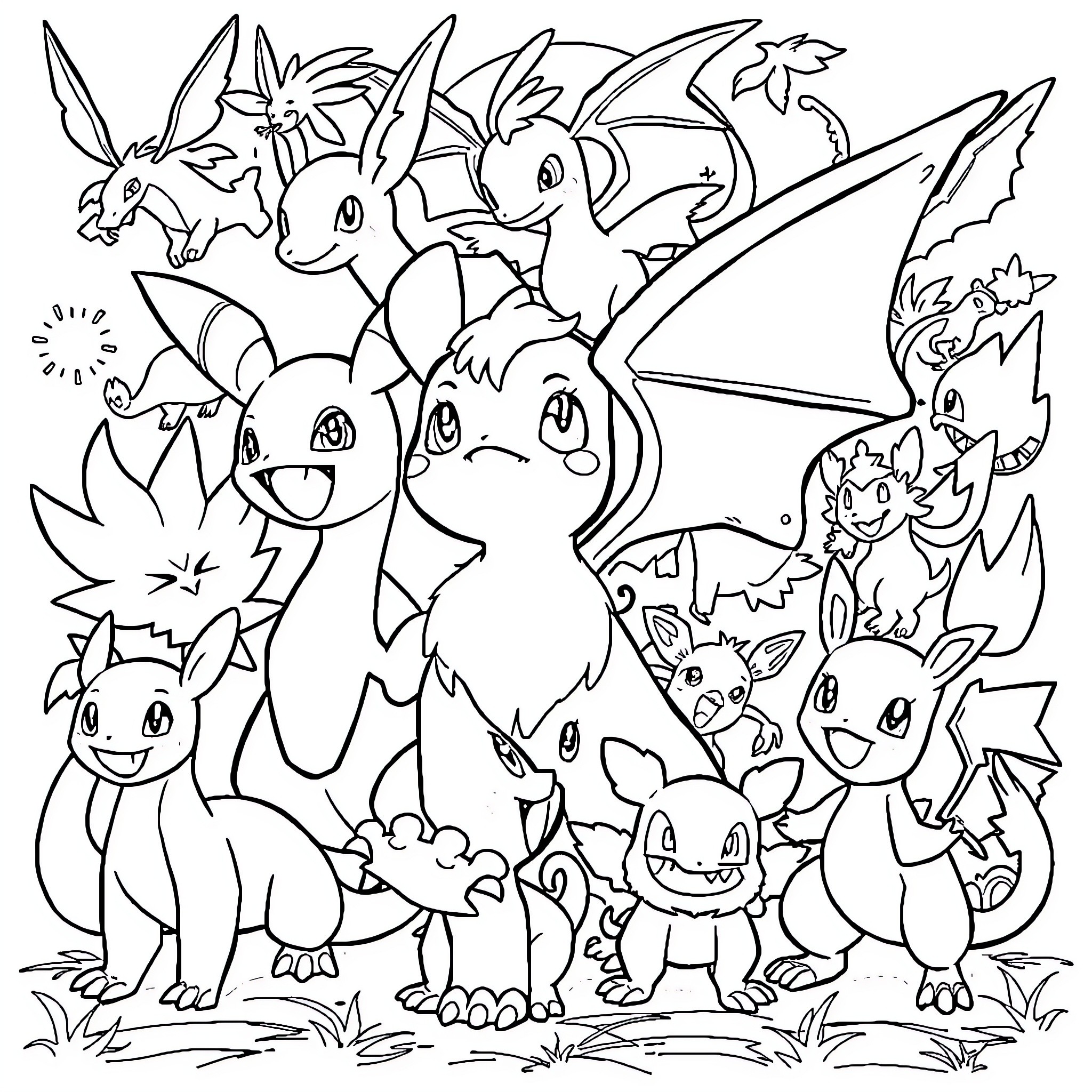 Pokémon group gathering in nature Coloring Page (free black-and-white line drawing printable PDF for all, from beginners to advanced learners, including children, teens, adults, and seniors)