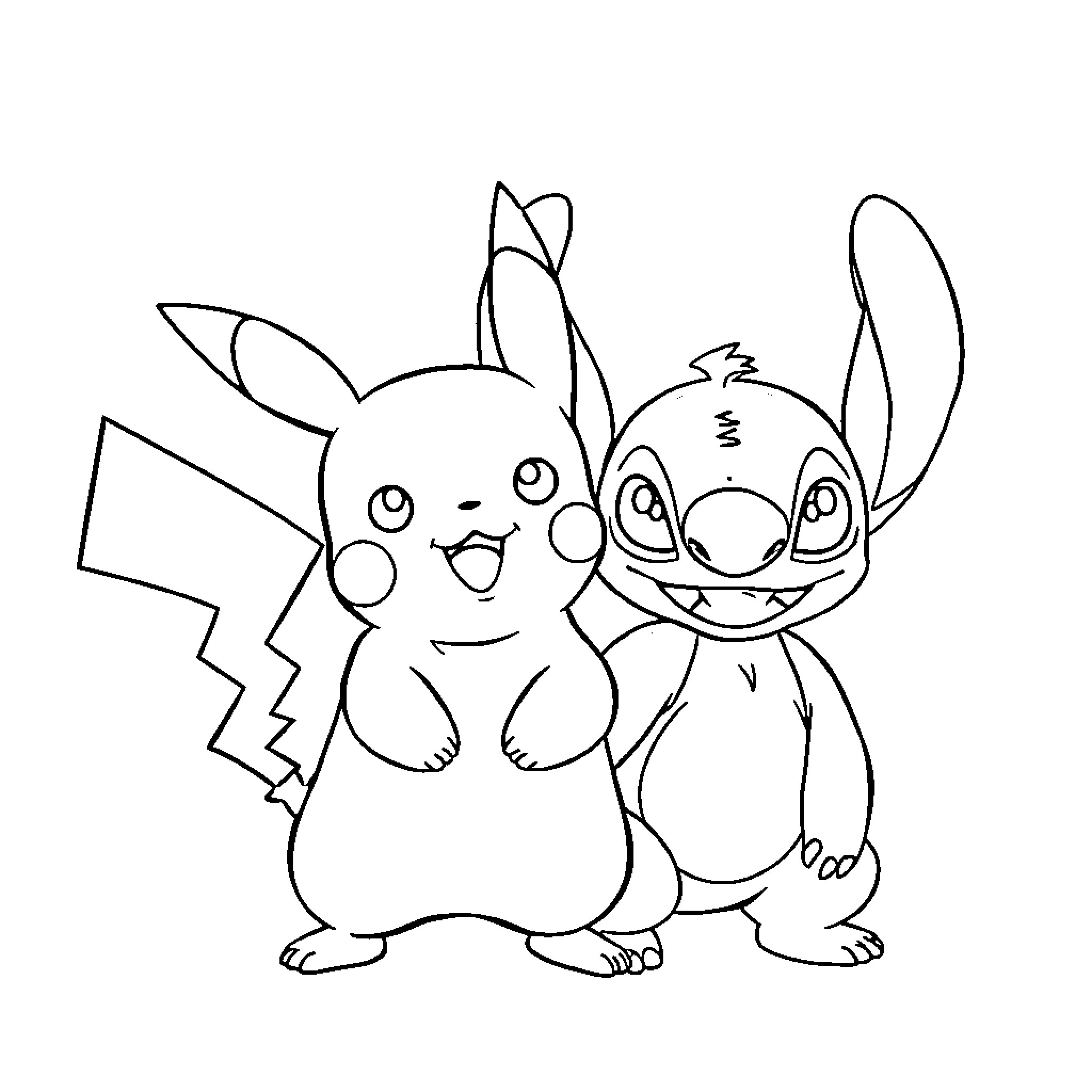 Pikachu and Stitch sharing a moment Coloring Page (free black-and-white line drawing printable PDF for all, from beginners to advanced learners, including children, teens, adults, and seniors)