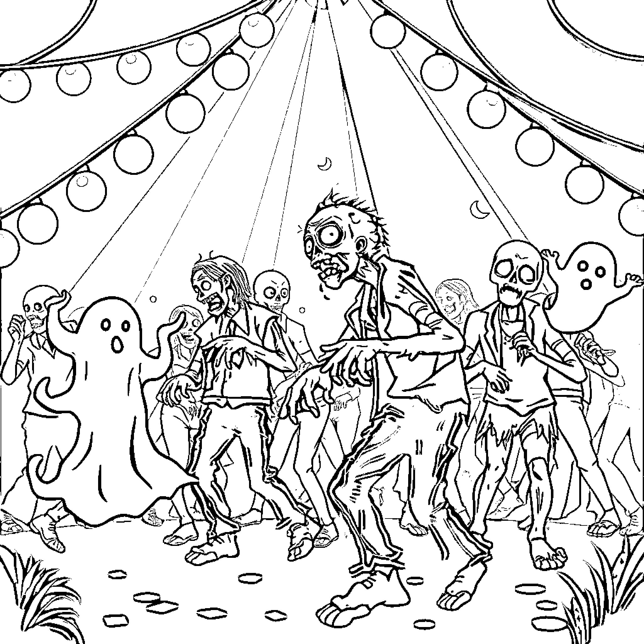 Zombie Carnival: Undead Revelry Under the Lights Coloring Page (free black-and-white line drawing printable PDF for all, from beginners to advanced learners, including children, teens, adults, and seniors)