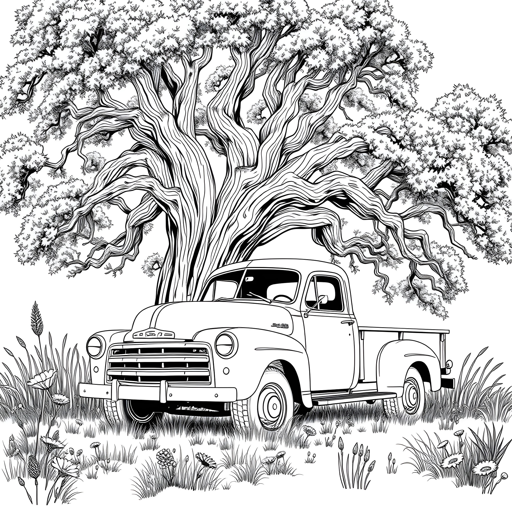 Truck parked under a grand oak tree in nature Coloring Page (free black-and-white line drawing printable PDF for all, from beginners to advanced learners, including children, teens, adults, and seniors)