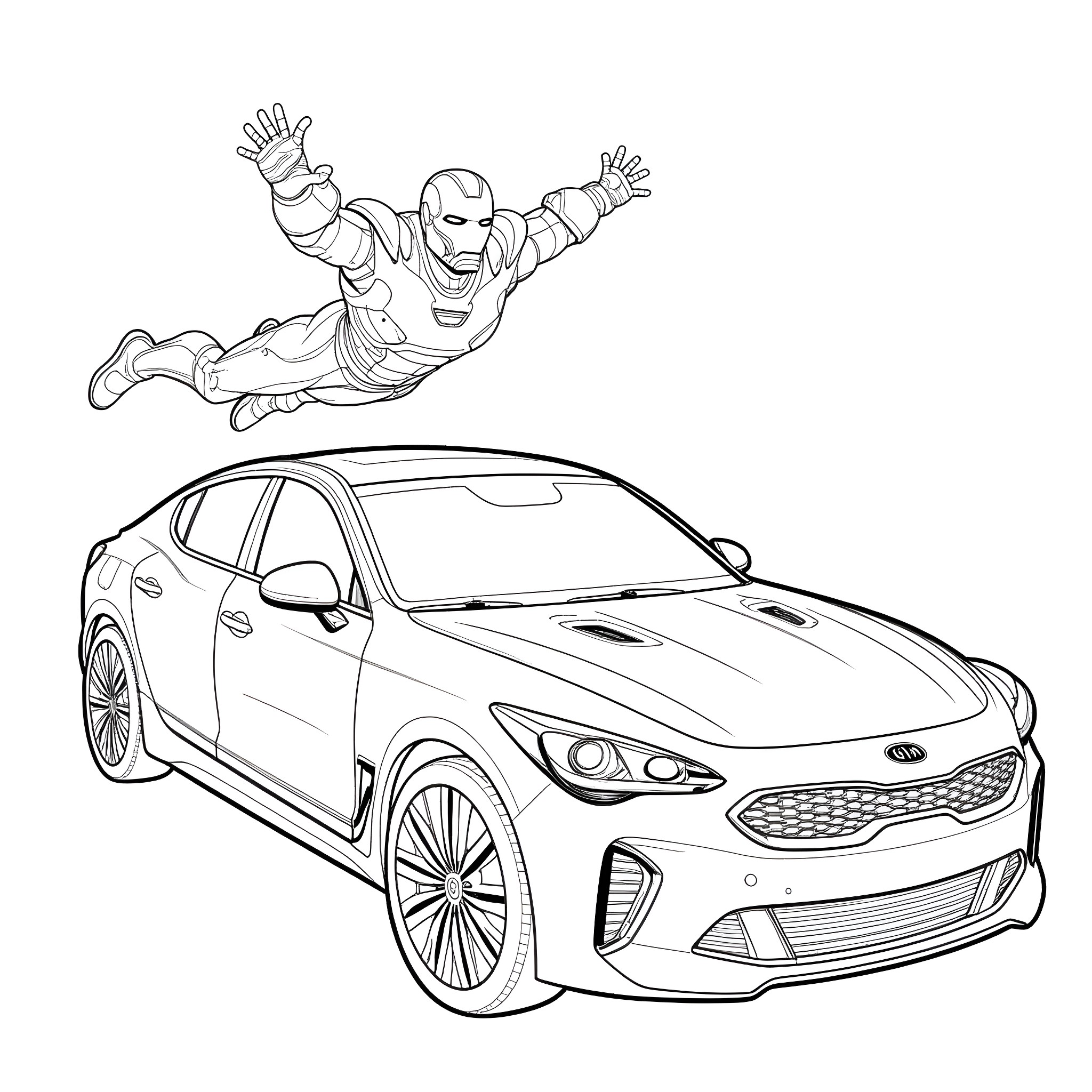 Ironman flying over a sports car Coloring Page (free black-and-white line drawing printable PDF for all, from beginners to advanced learners, including children, teens, adults, and seniors)