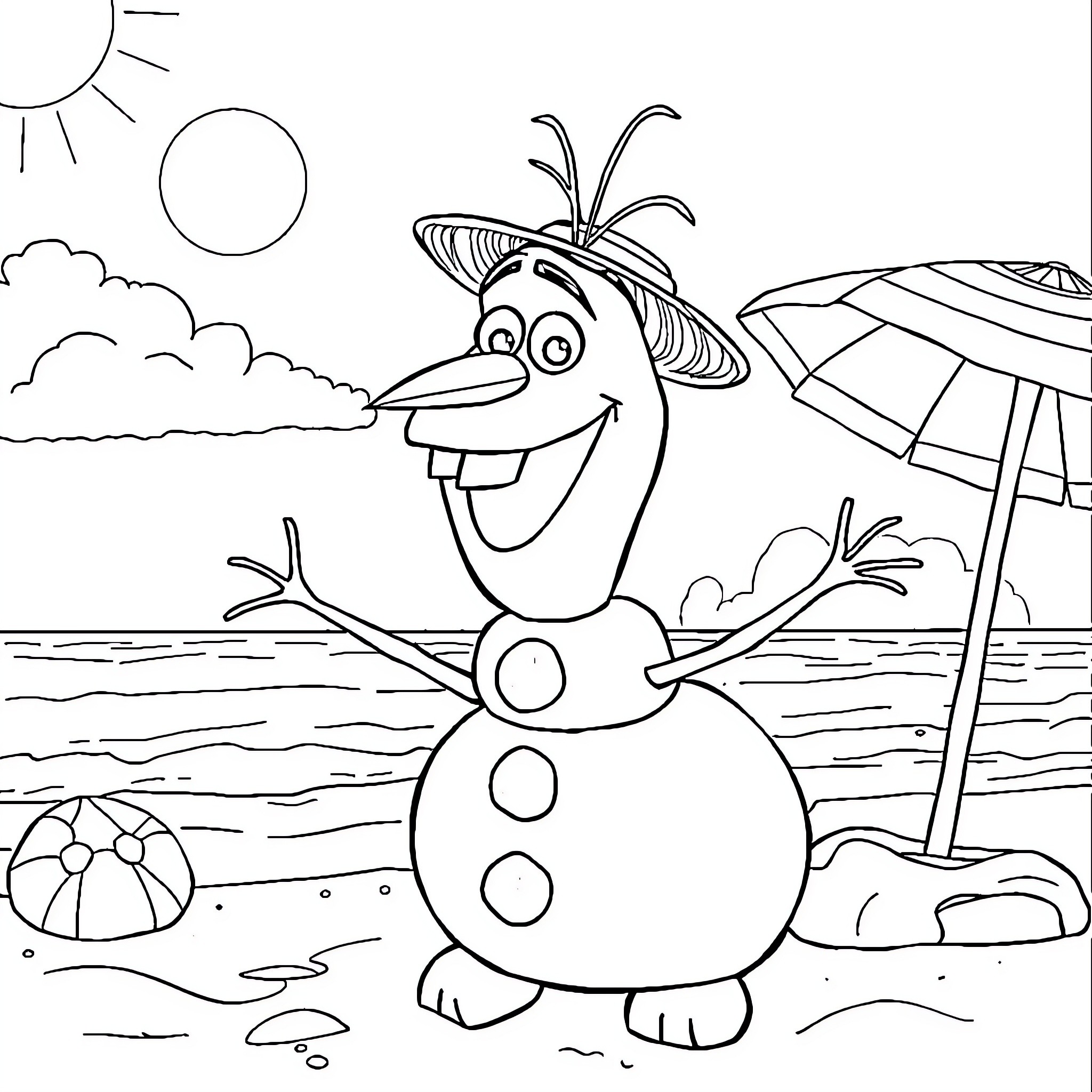 Olaf enjoying the beach with beach ball and umbrella Coloring Page (free black-and-white line drawing printable PDF for all, from beginners to advanced learners, including children, teens, adults, and seniors)