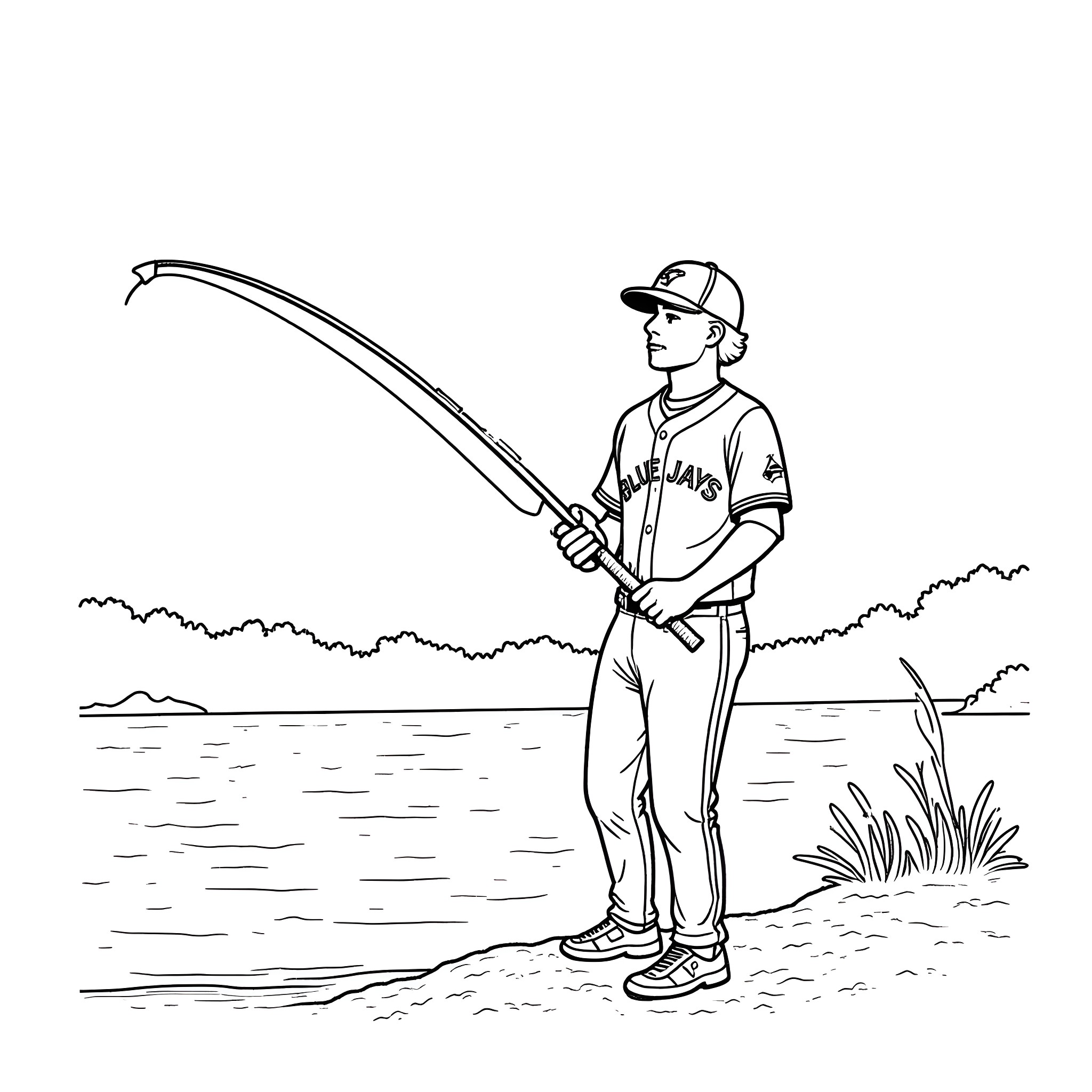 Blue Jay enjoying fishing by the lake Coloring Page (free black-and-white line drawing printable PDF for all, from beginners to advanced learners, including children, teens, adults, and seniors)