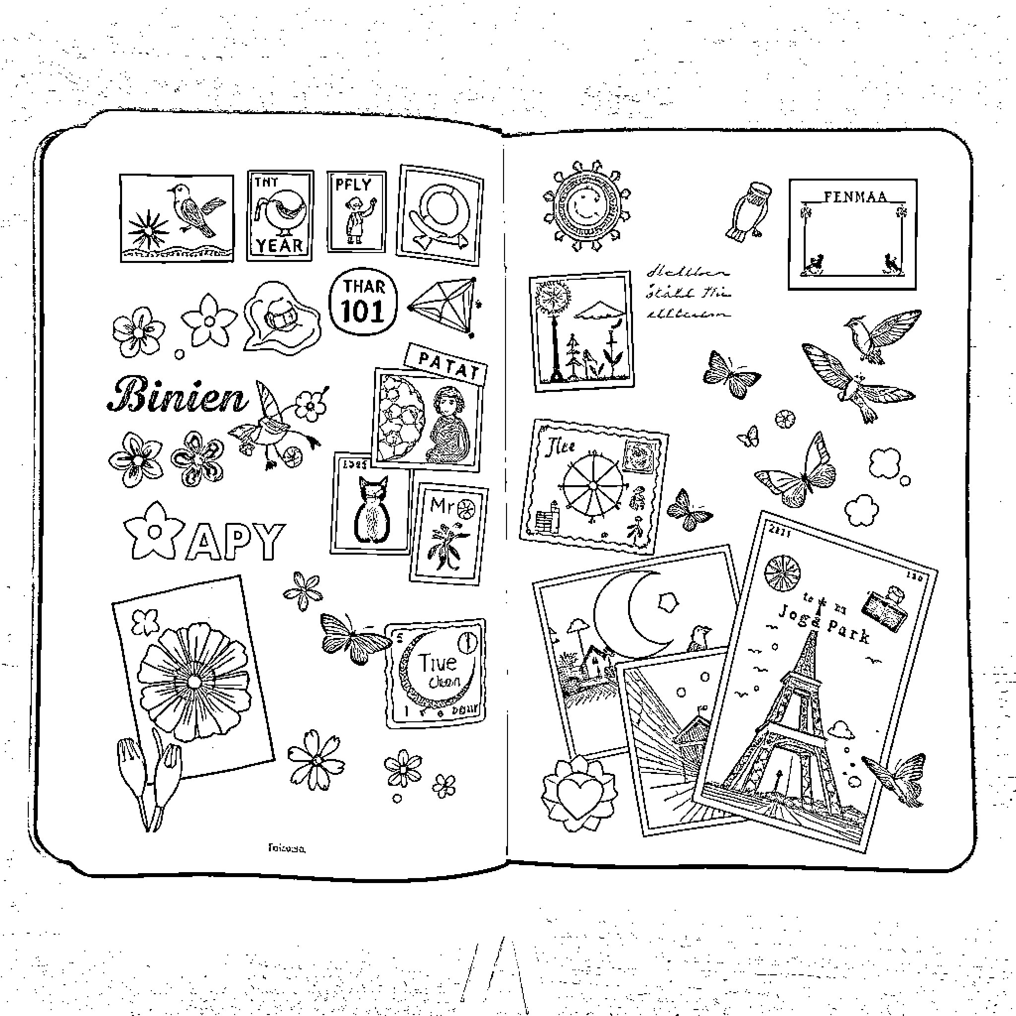 Journal Filled with Doodles and Illustrations Coloring Page (free black-and-white line drawing printable PDF for all, from beginners to advanced learners, including children, teens, adults, and seniors)