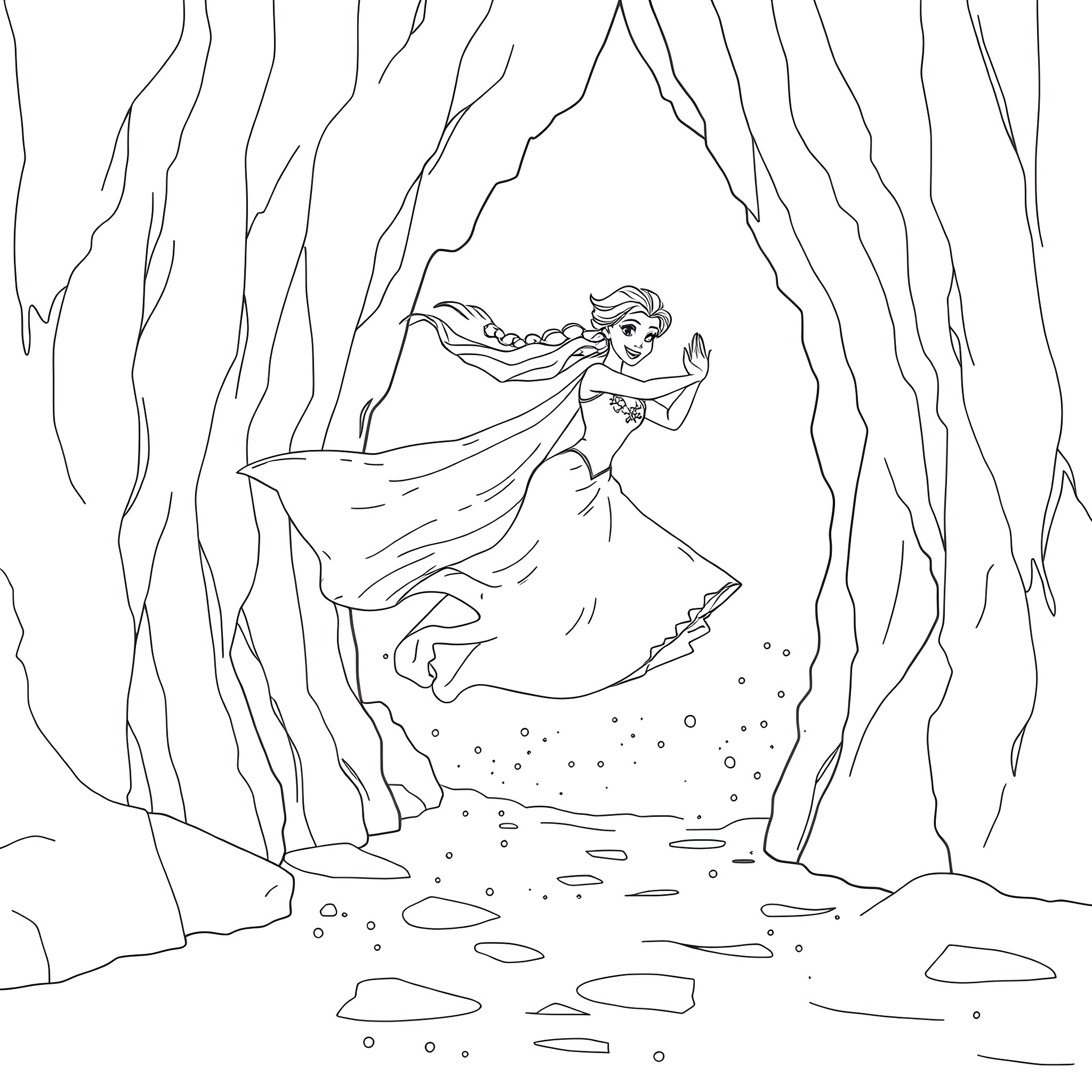 Elsa's Enchanted Ice Cave Adventure Coloring Page (free black-and-white line drawing printable PDF for all, from beginners to advanced learners, including children, teens, adults, and seniors)