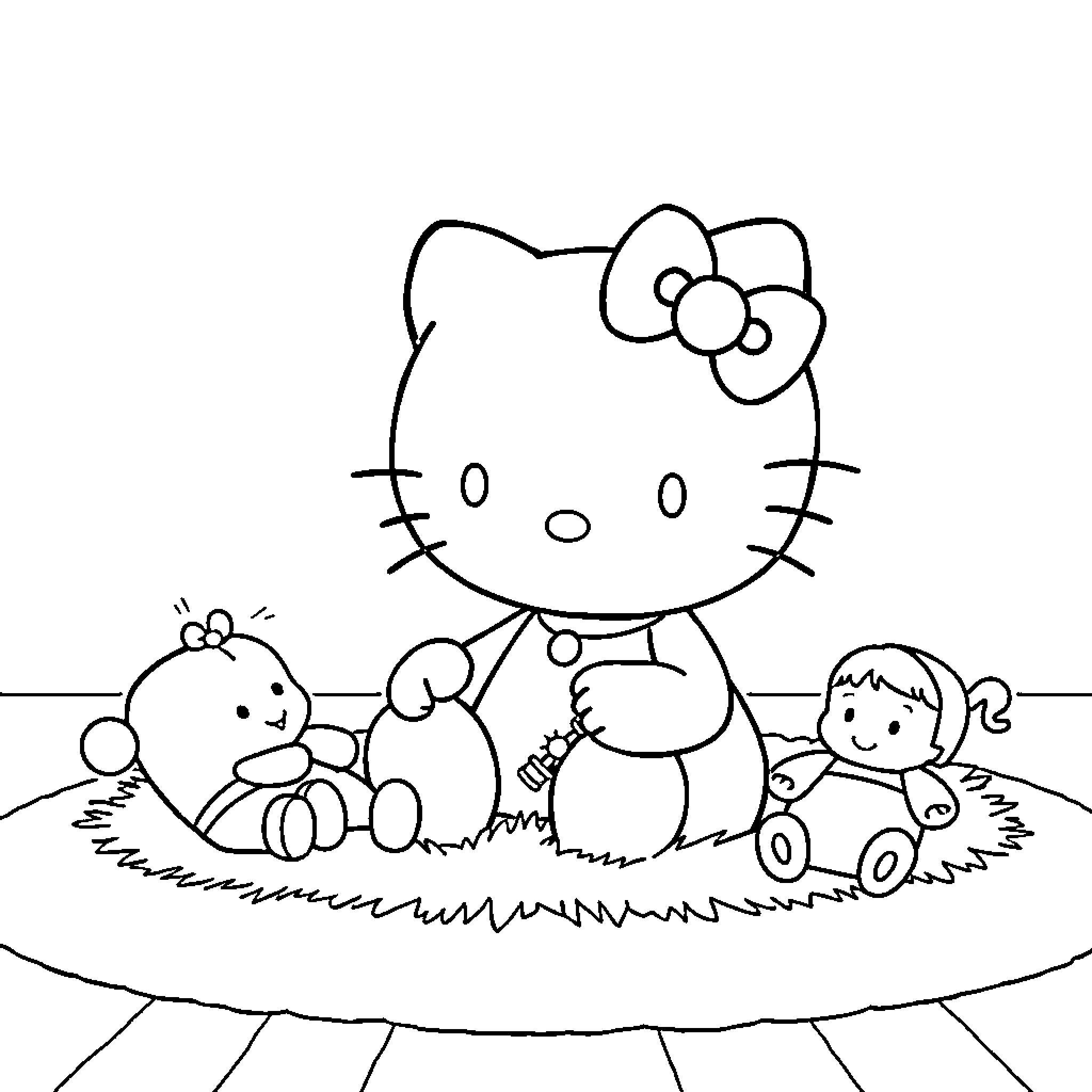 Hello Kitty playing with animal friends in the grass Coloring Page (free black-and-white line drawing printable PDF for all, from beginners to advanced learners, including children, teens, adults, and seniors)