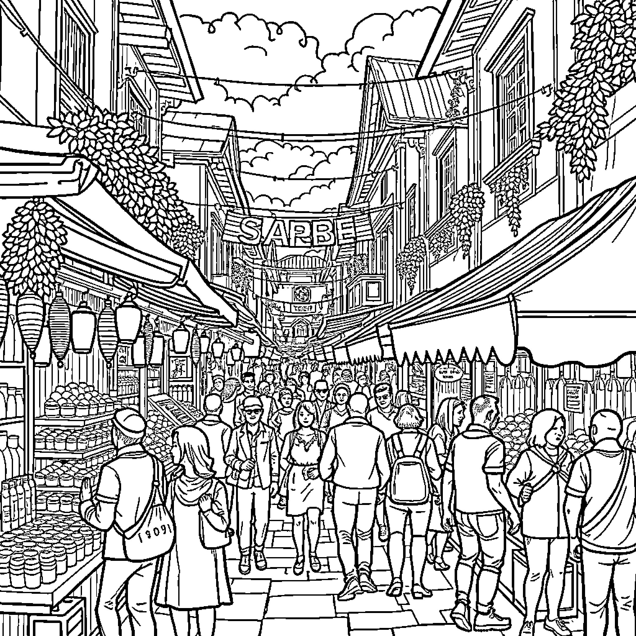 Vaneria: Bustling Street Market with Vibrant Stalls and Crowd Coloring Page (free black-and-white line drawing printable PDF for all, from beginners to advanced learners, including children, teens, adults, and seniors)