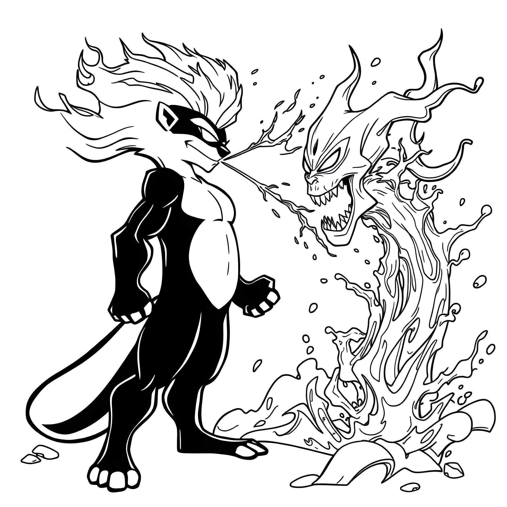 Skunk superhero unleashing fiery powers Coloring Page (free black-and-white line drawing printable PDF for all, from beginners to advanced learners, including children, teens, adults, and seniors)