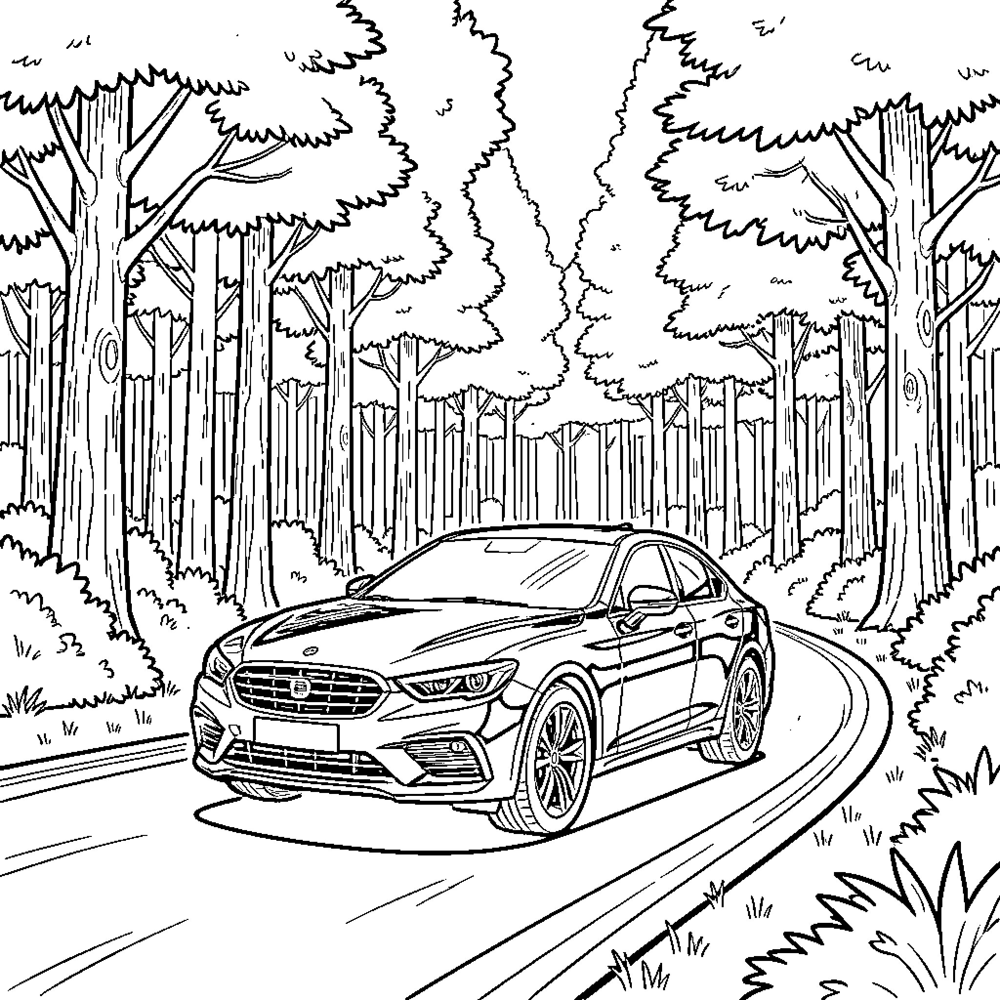Car driving through a scenic forest landscape Coloring Page (free black-and-white line drawing printable PDF for all, from beginners to advanced learners, including children, teens, adults, and seniors)