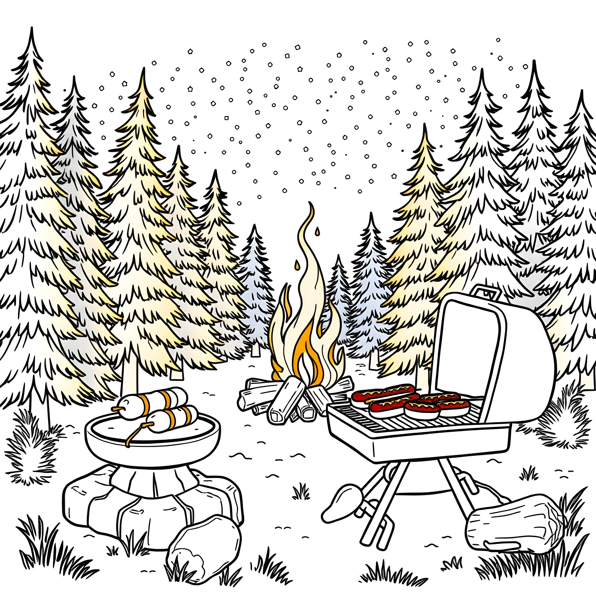 Hotdog Roasting Over Campfire in Snowy Forest Coloring Page (free black-and-white line drawing printable PDF for all, from beginners to advanced learners, including children, teens, adults, and seniors)