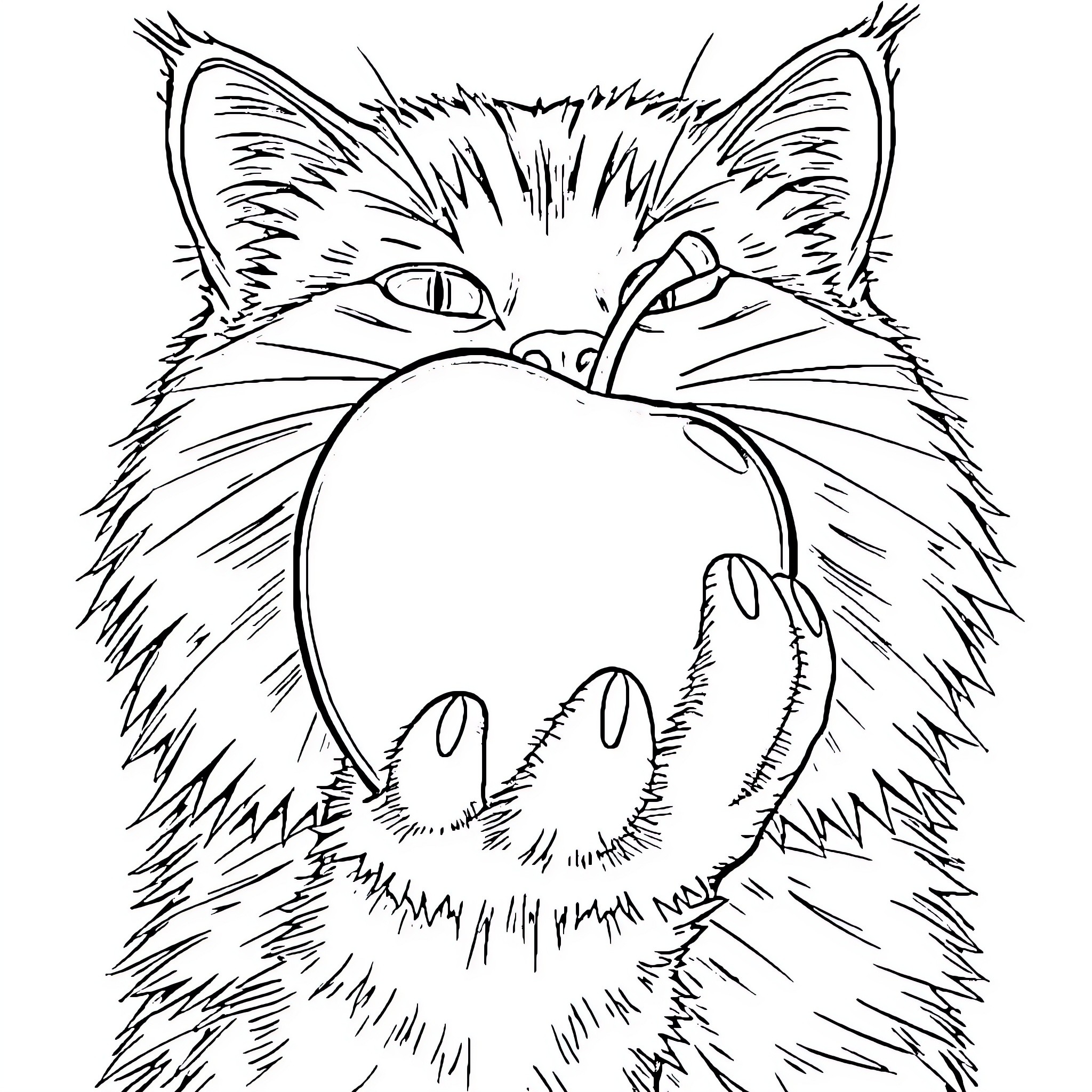 Apple Cat Playfully Biting a Large Fruit Coloring Page (free black-and-white line drawing printable PDF for all, from beginners to advanced learners, including children, teens, adults, and seniors)