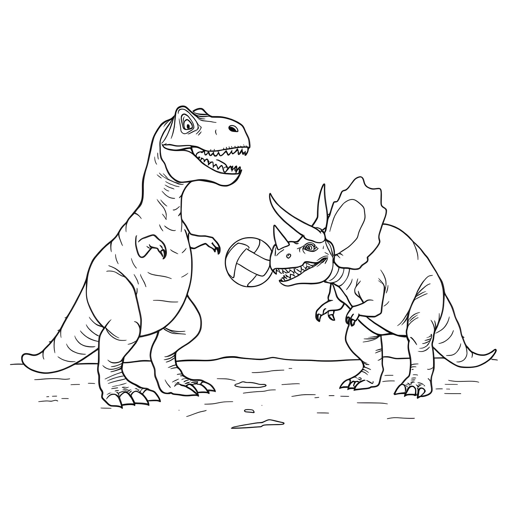 Dinosaurs Playing Together Happily Coloring Page (free black-and-white line drawing printable PDF for all, from beginners to advanced learners, including children, teens, adults, and seniors)